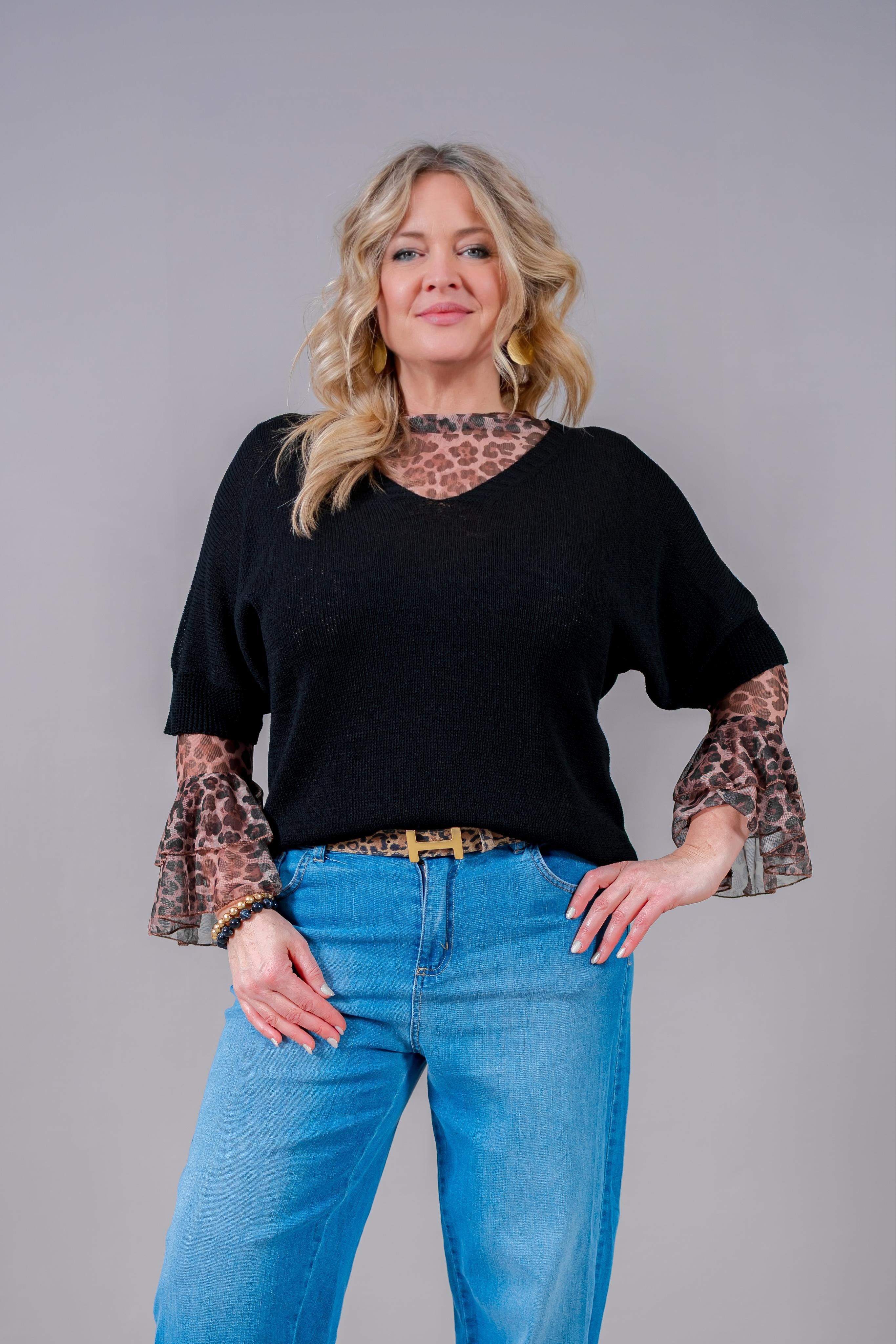 Leichter Strickpullover mit V-Ausschnitt, schwarz