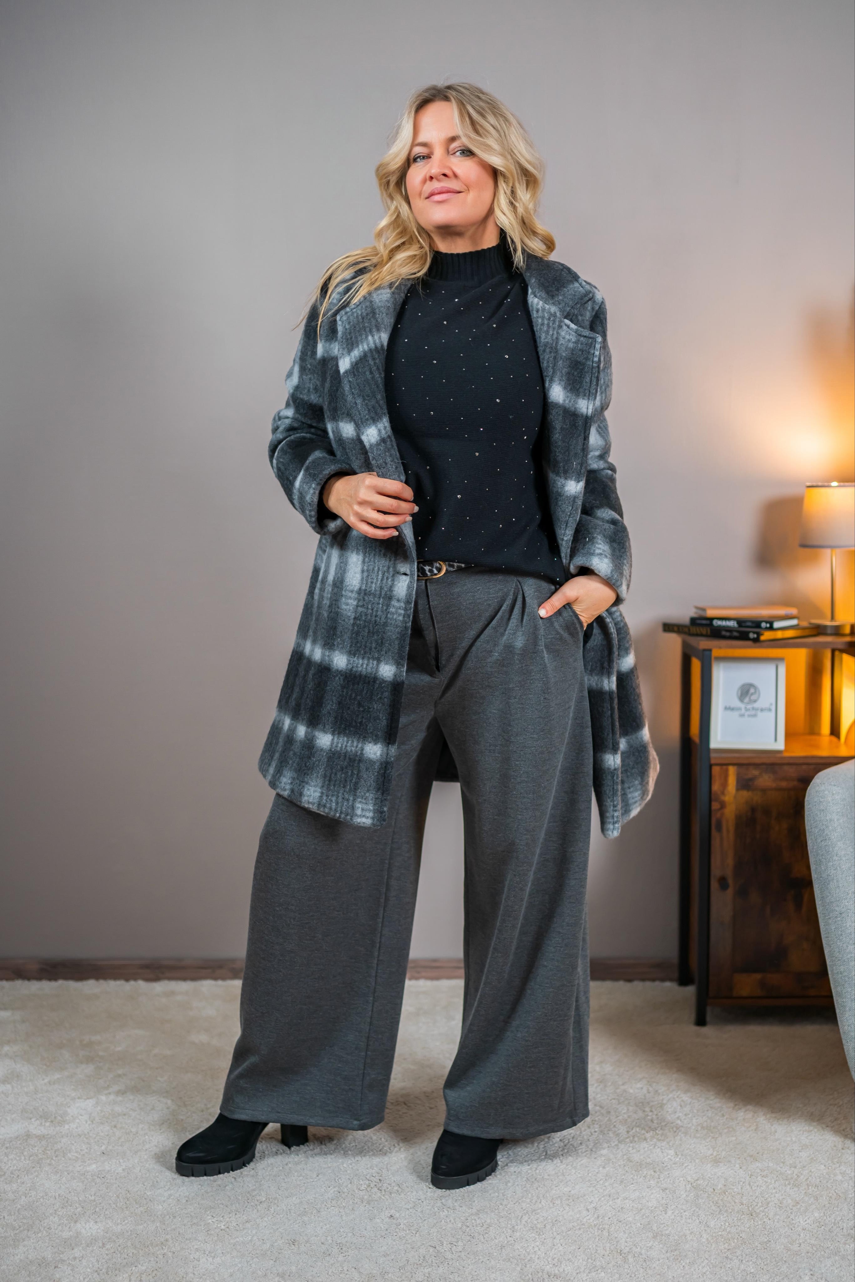 Mantel mit Karomuster und Backprint, grau