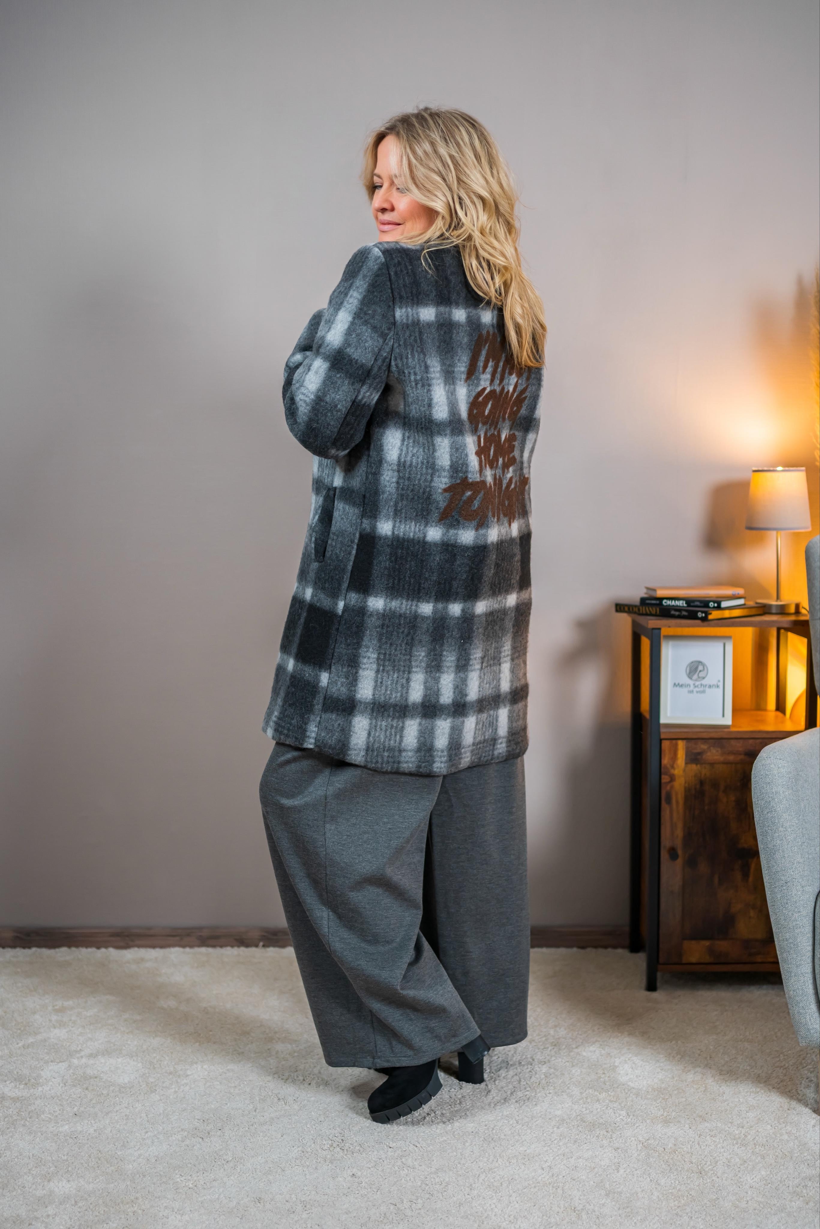 Mantel mit Karomuster und Backprint, grau