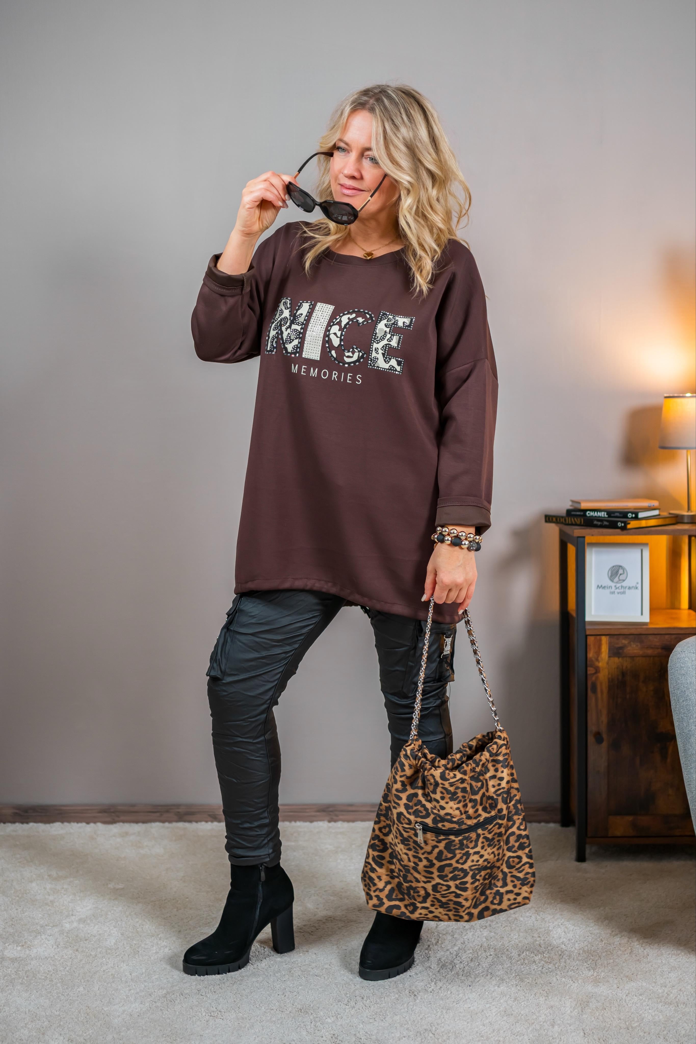Oversize-Pullover mit Print, schokobraun