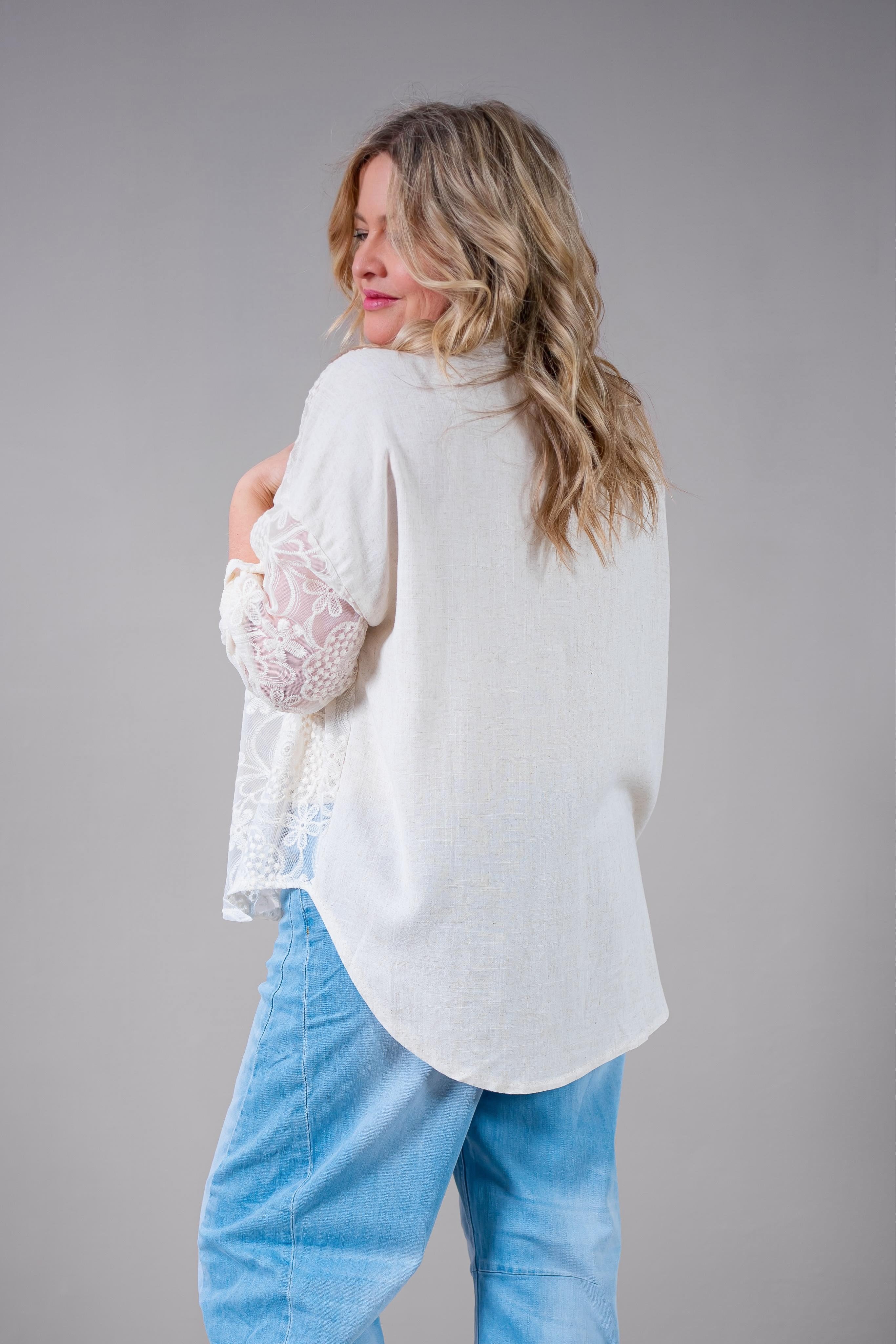 Boho-Bluse mit Stickerei - Beige Transparent