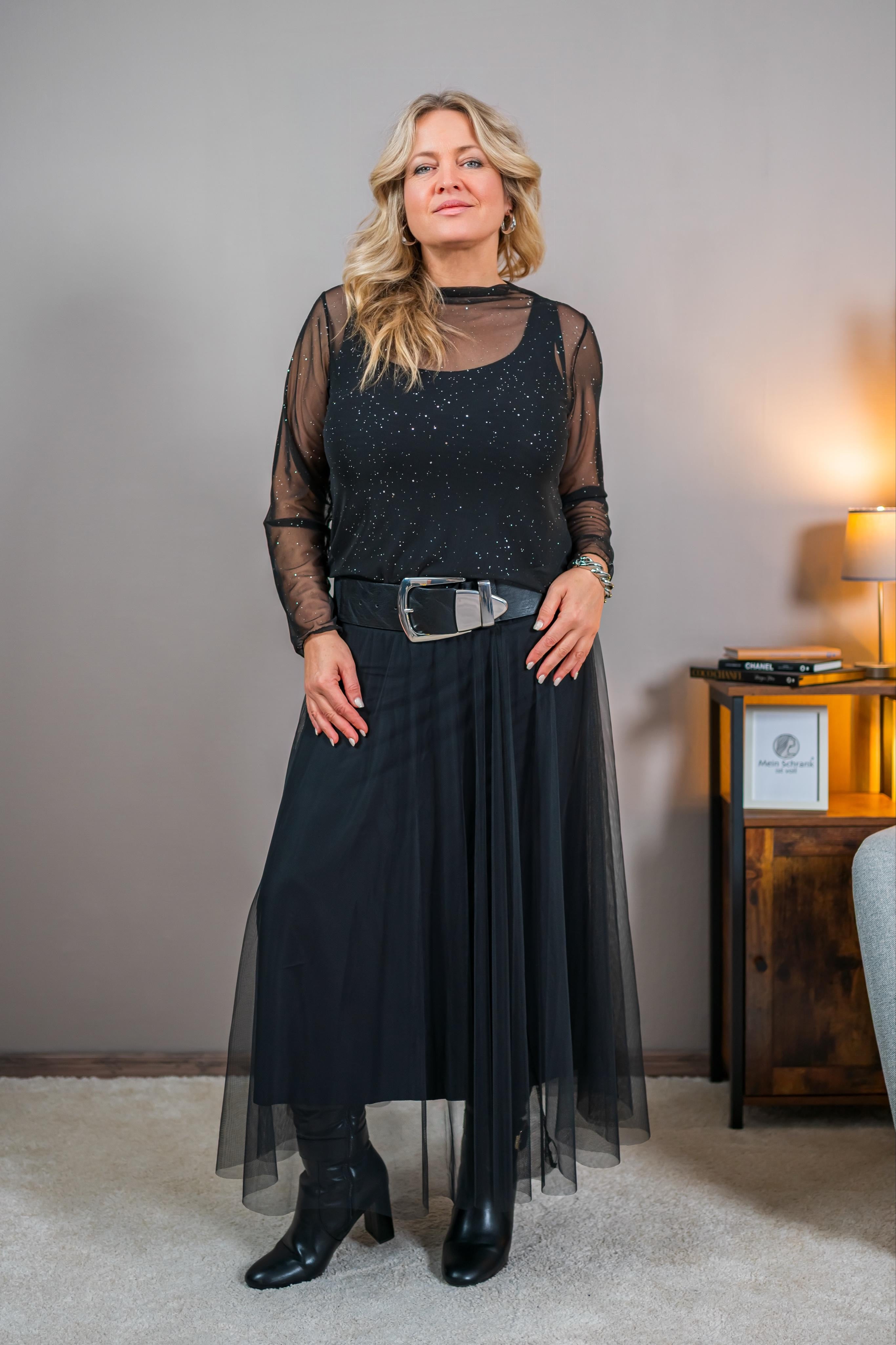 Transparentes Langarmshirt mit Glitzerakzenten, schwarz