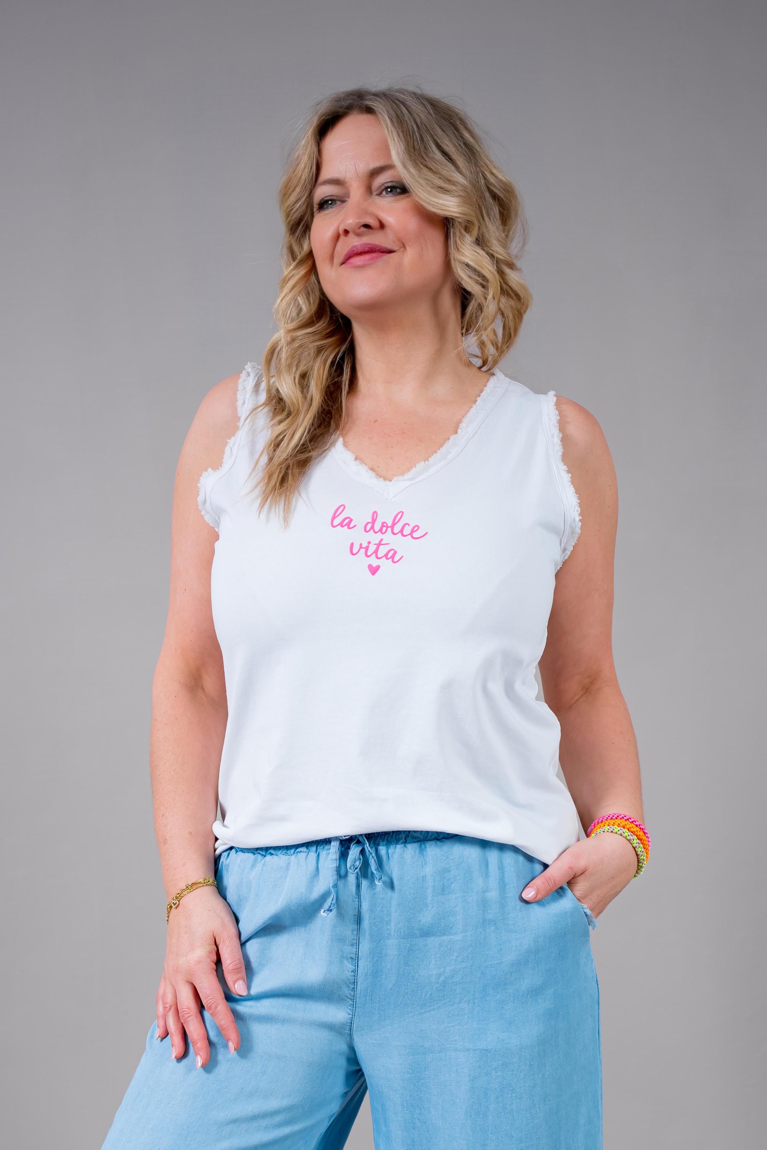 Ärmelloses Top mit "la dolce vita", weiß/pink