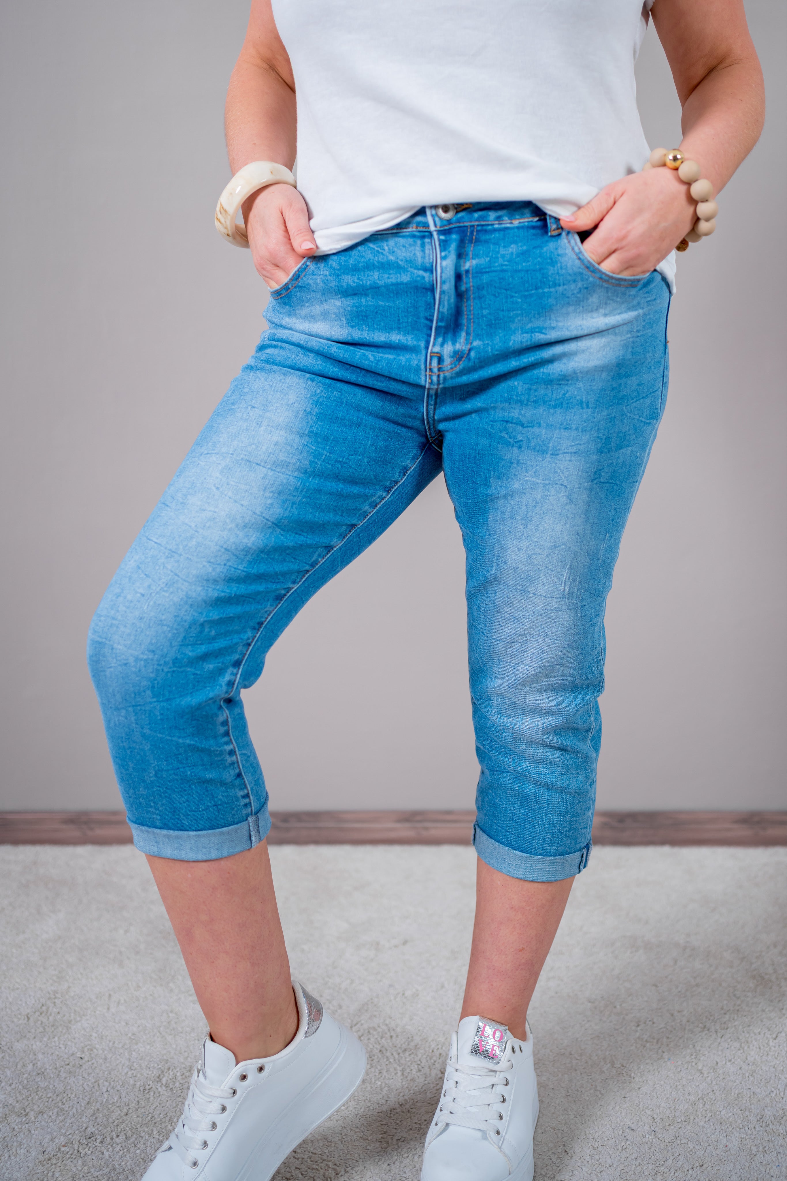 3/4 Jeans, washed blau