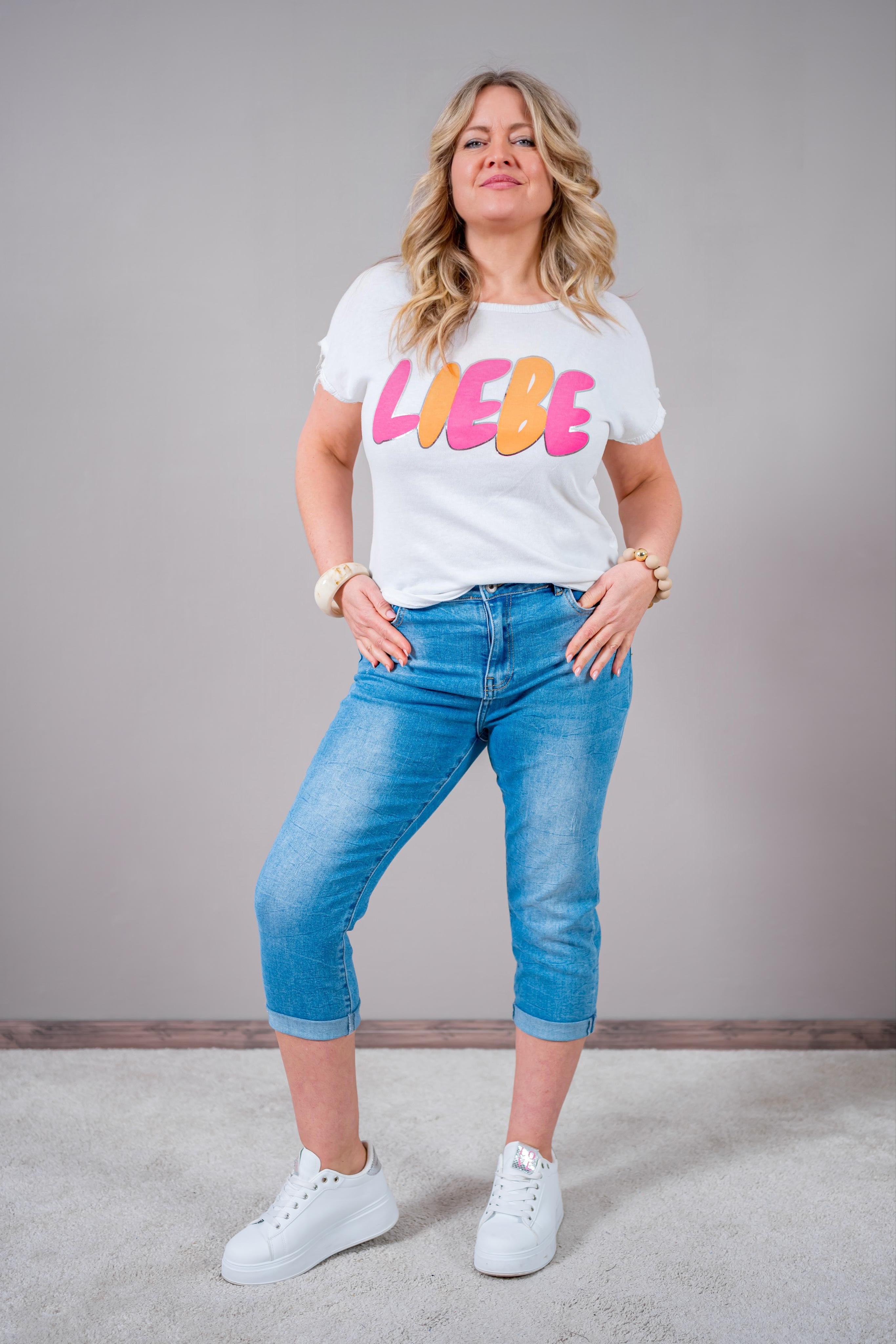 3/4 Jeans, washed blau