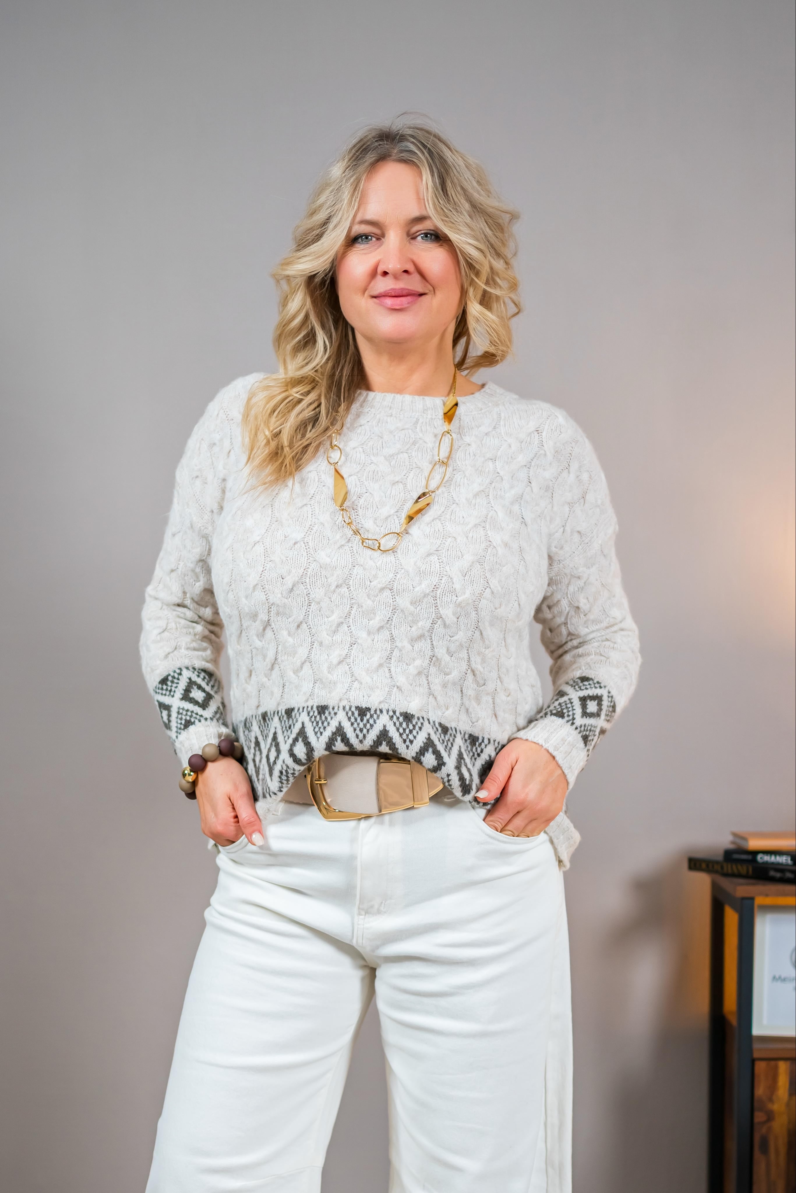 Strickpullover mit Muster, hellbeige