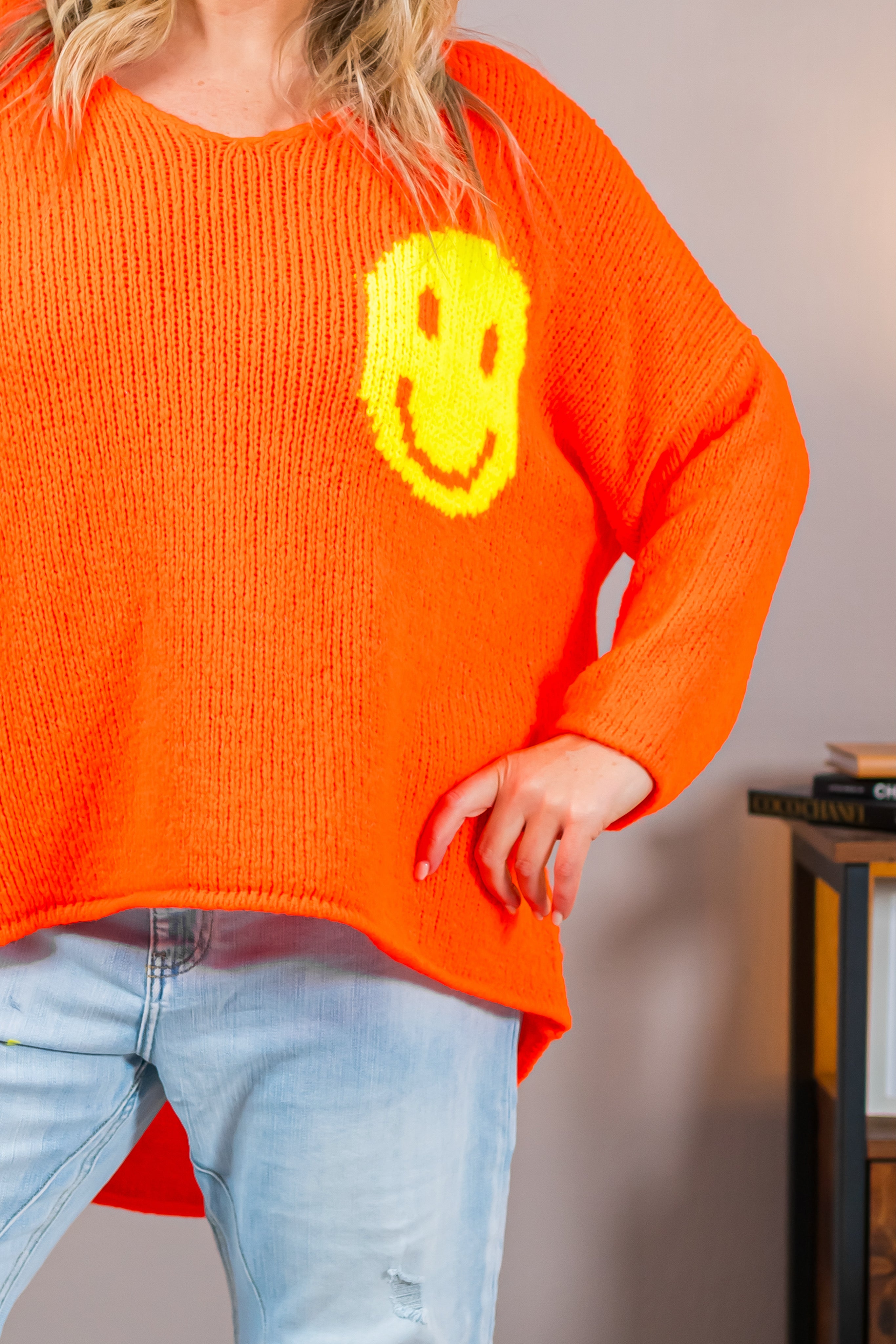 Strickpullover mit Smiley-Motiv, orange