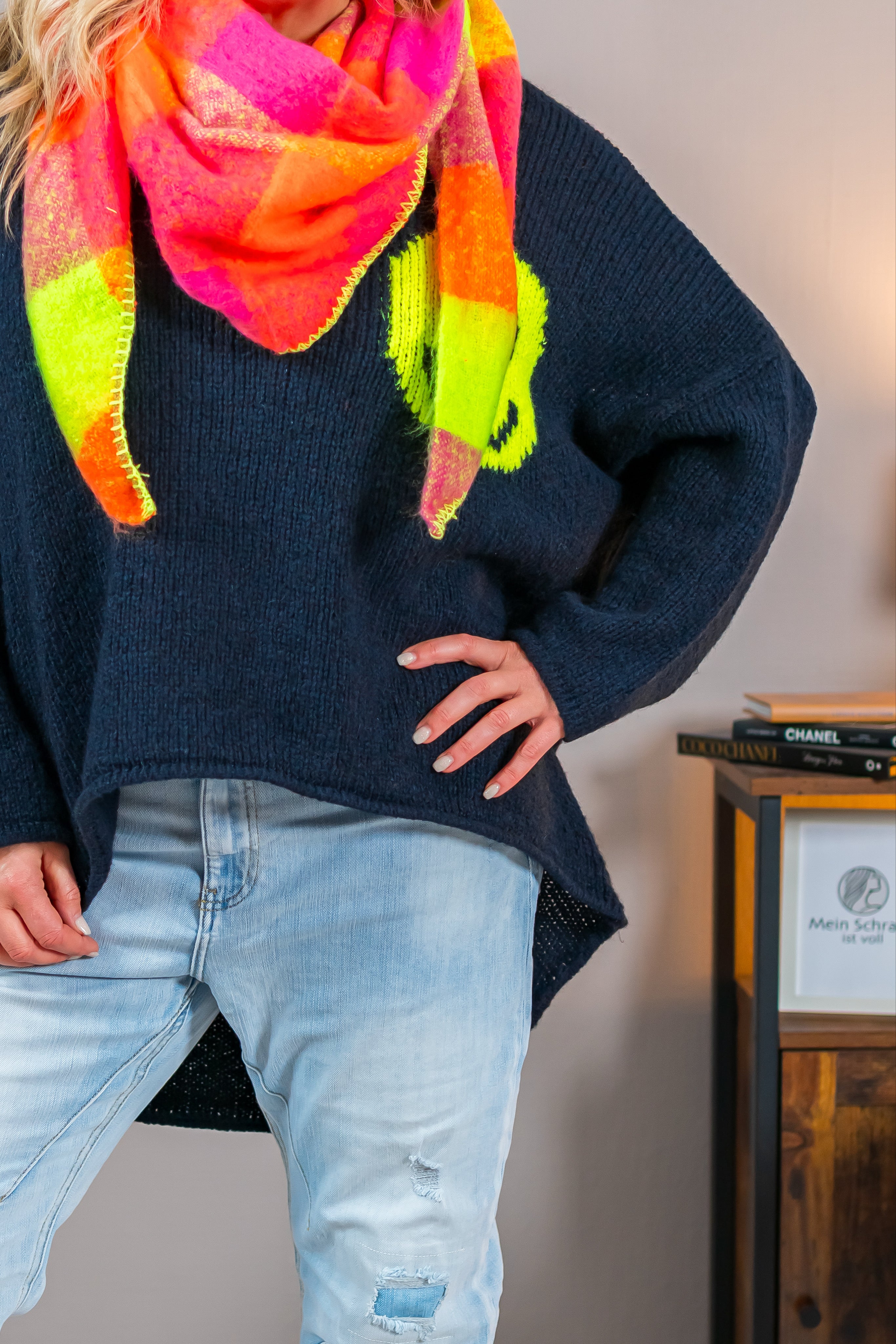 Strickpullover mit Smiley-Motiv, dunkelblau