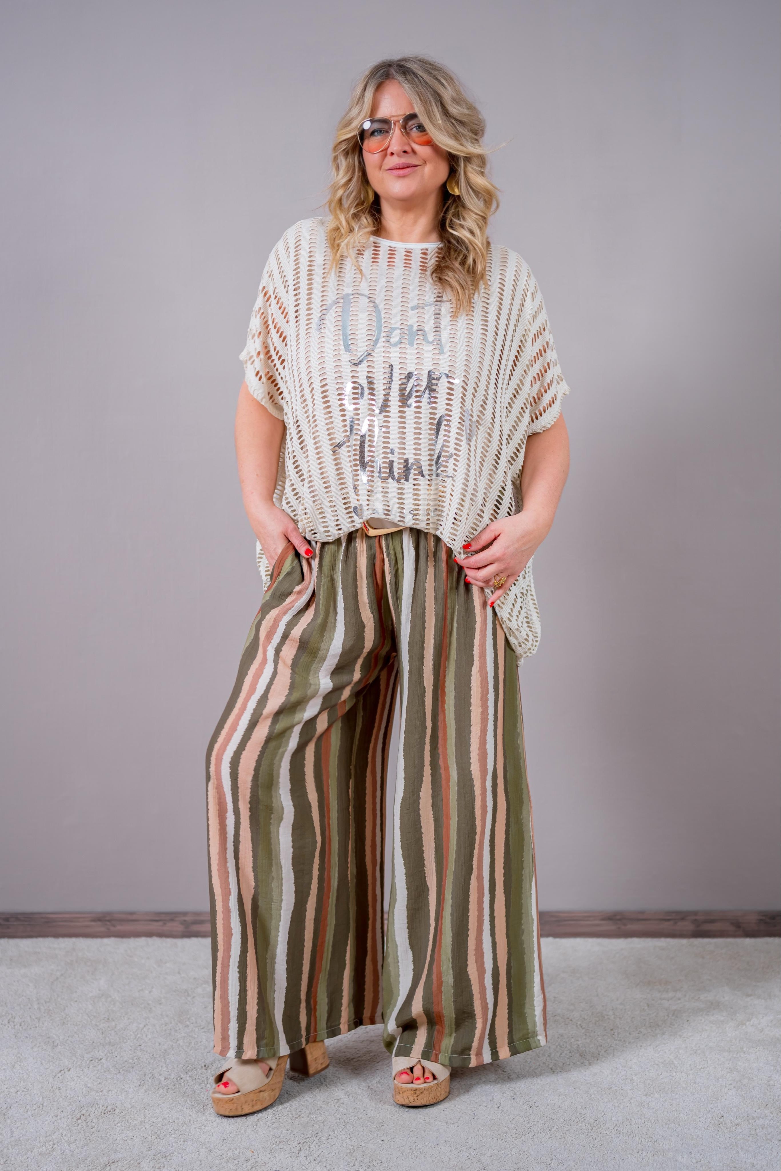 Oversize Lochstrick-Shirt mit Print, beige/creme