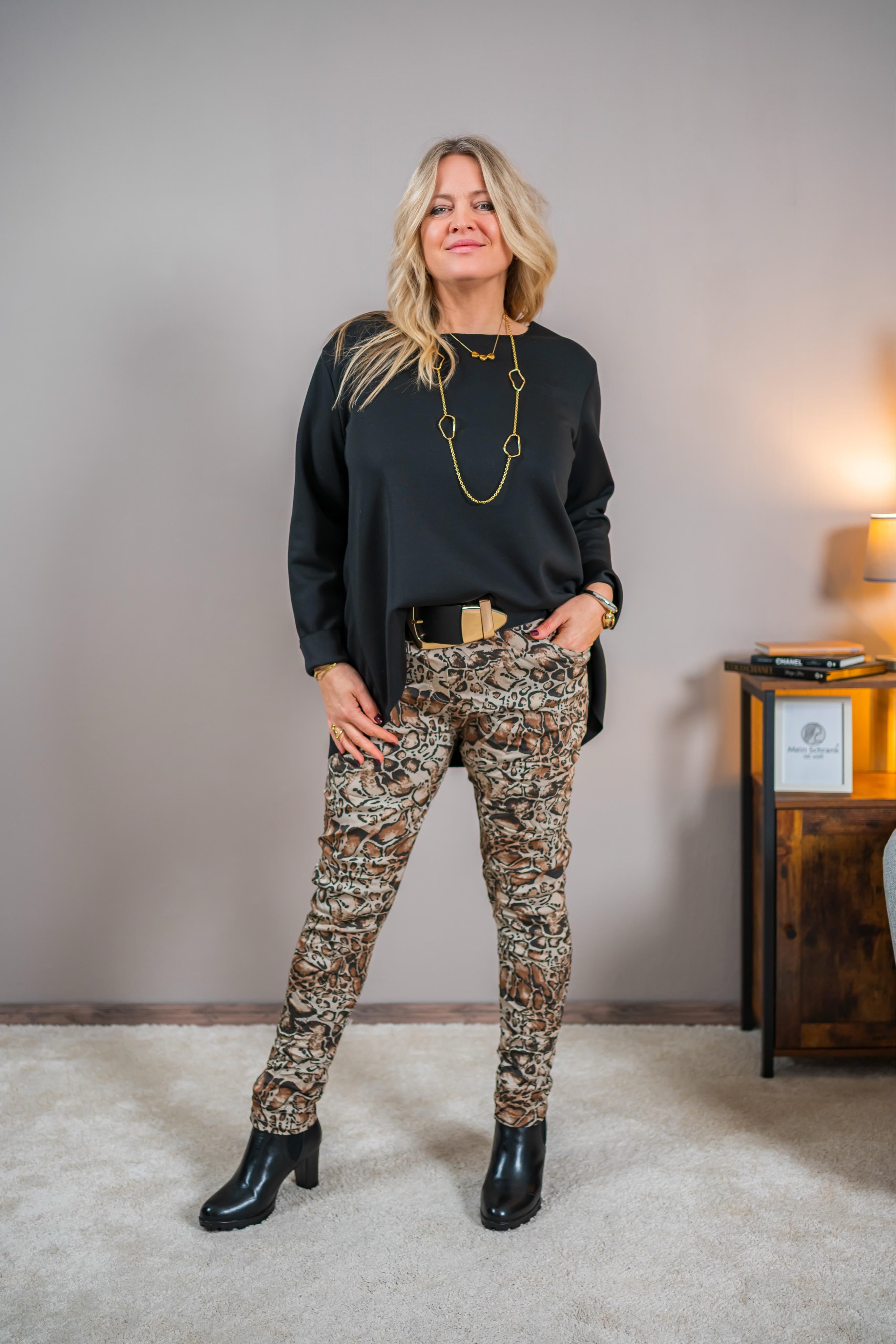 Stretchhose mit Leoprint, brauntöne