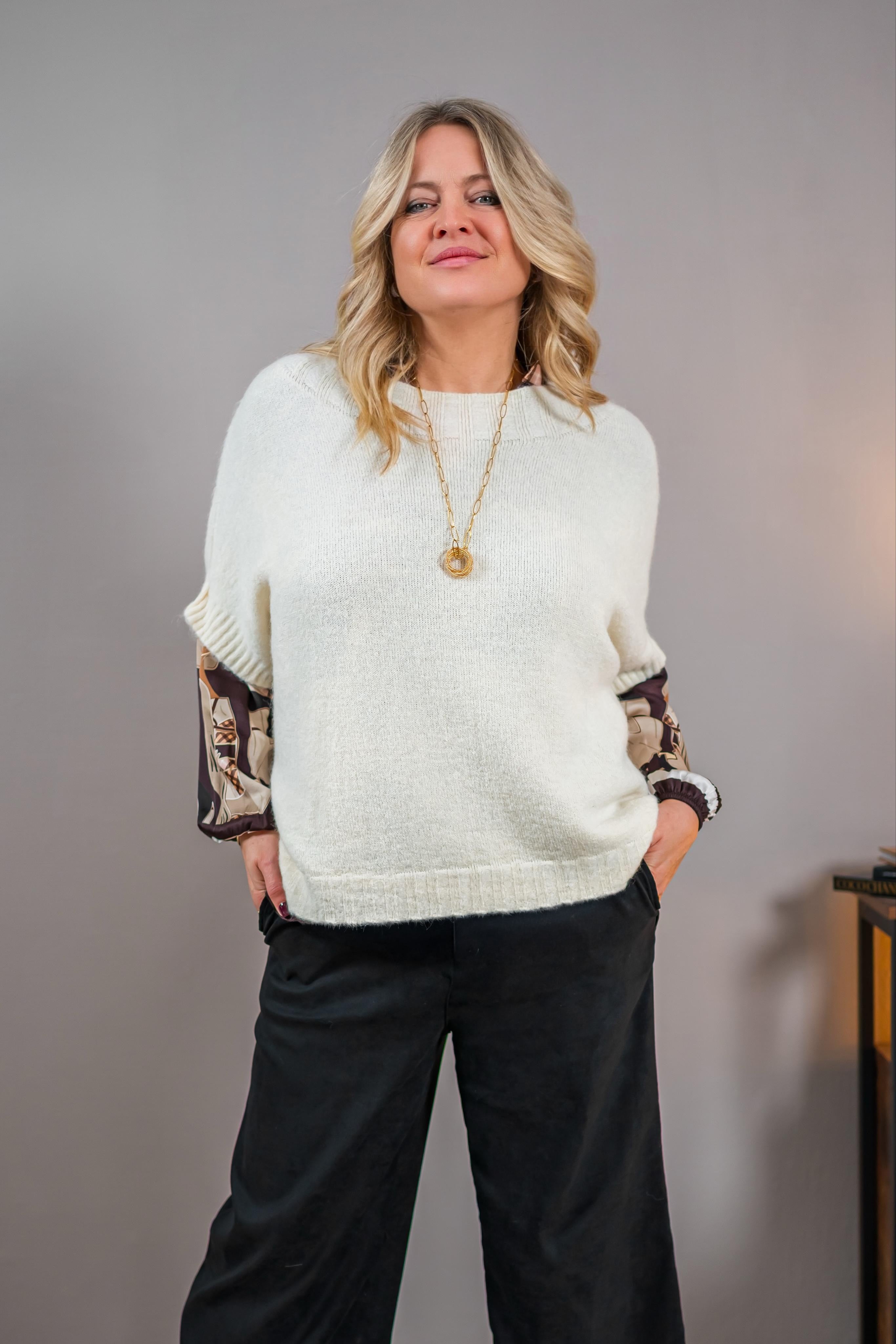 Kurzarm-Strickpullover, creme