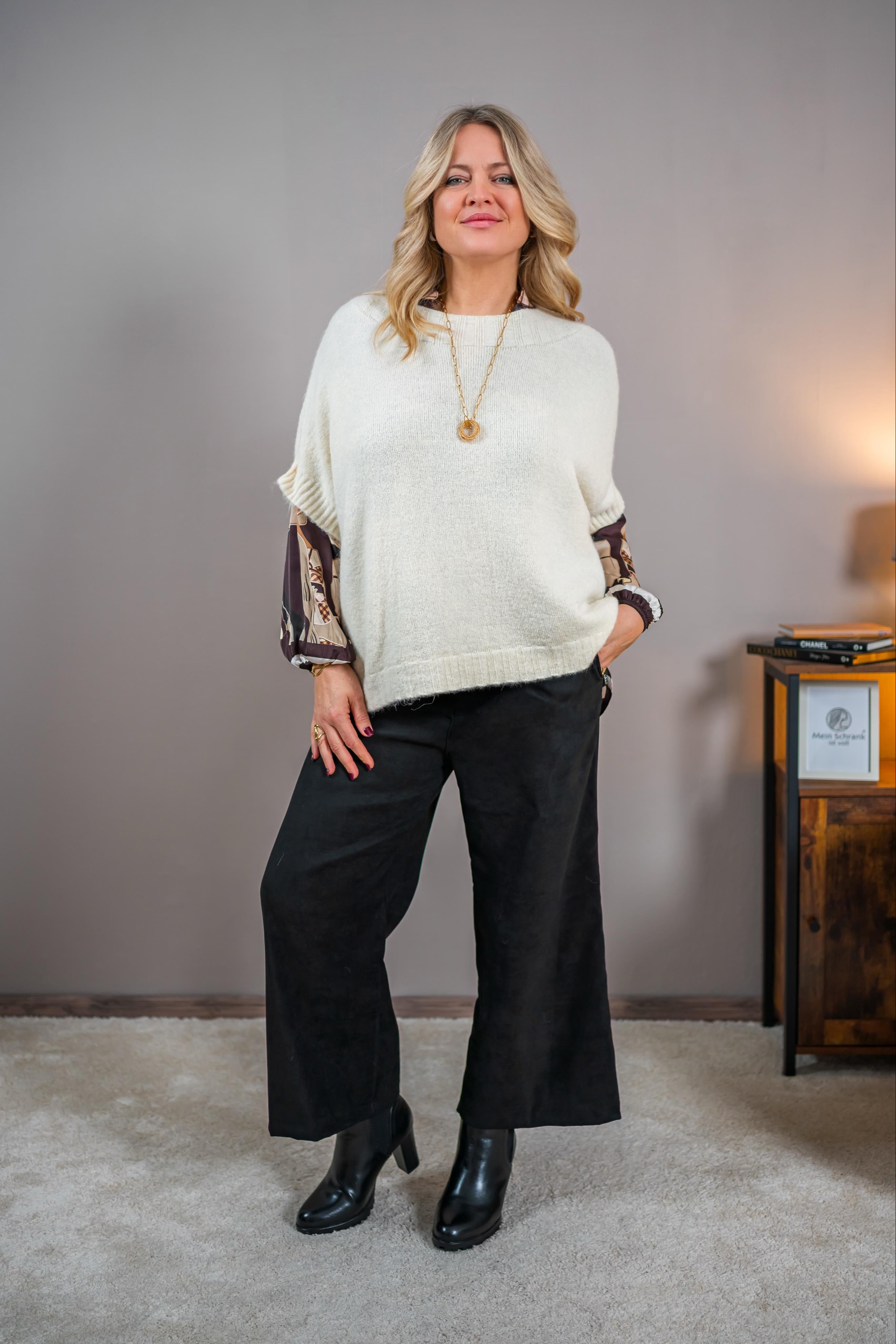 Kurzarm-Strickpullover, creme