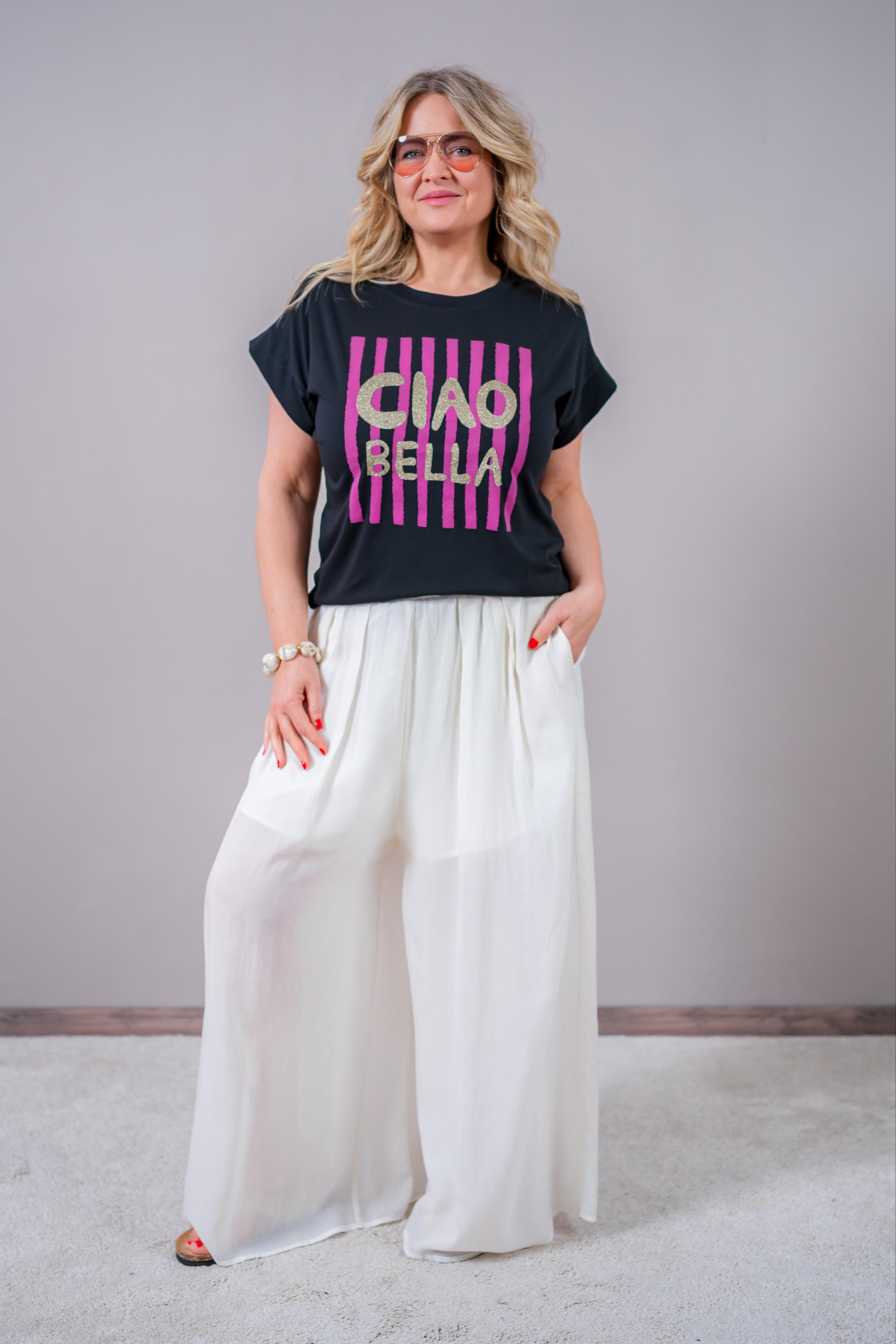 Sommerliche Hose mit weitem Bein, creme