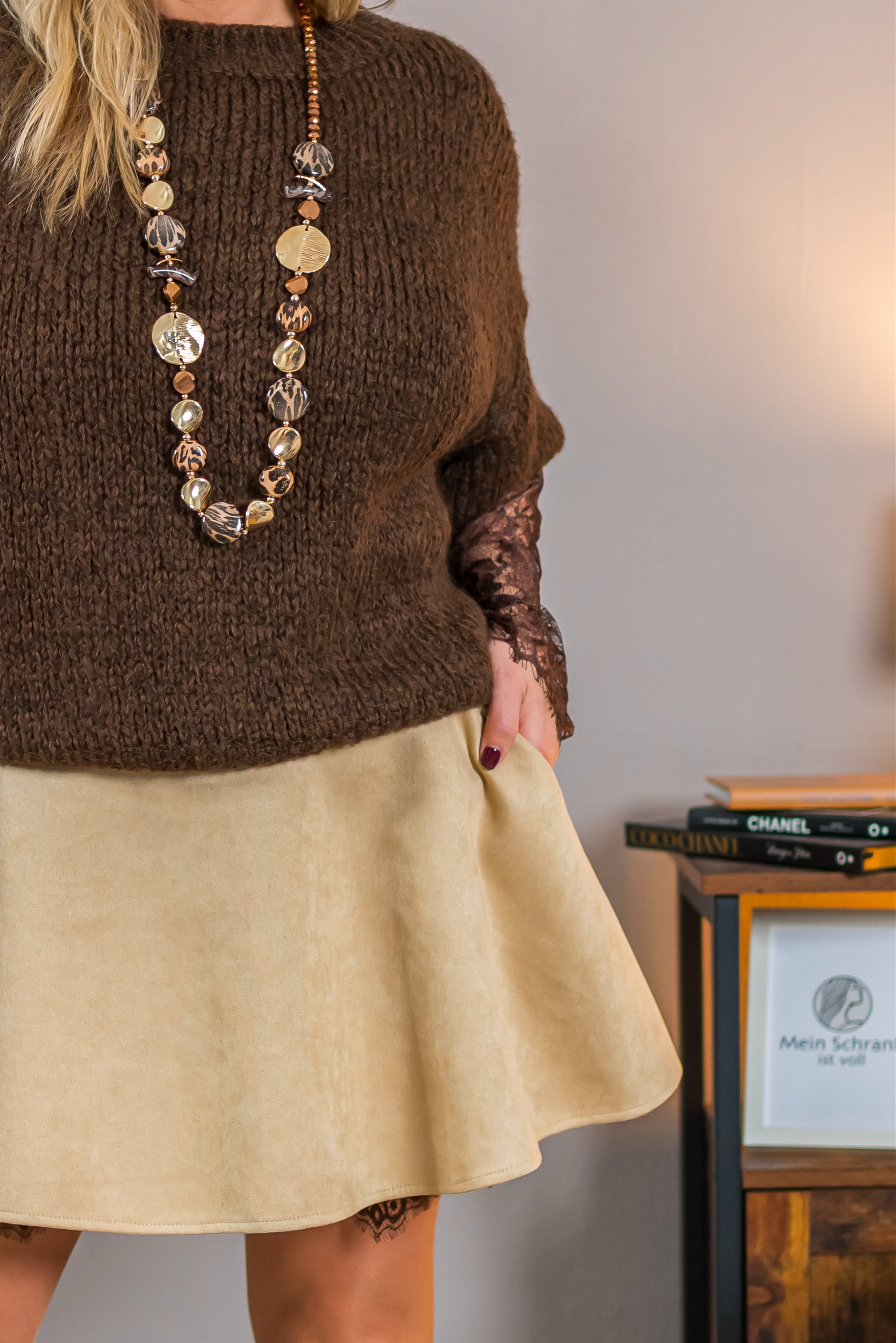 Oversize Strickpullover mit Spitzenärmeln, schokobraun