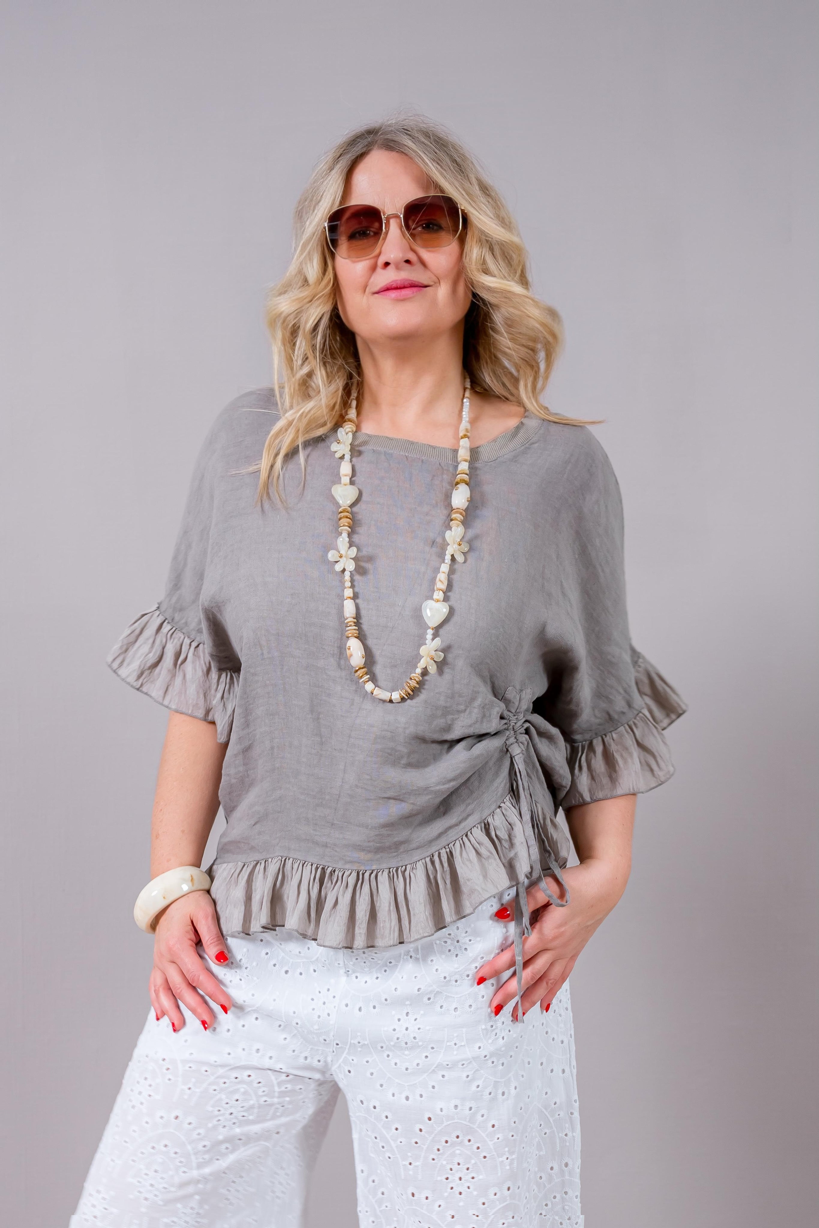 Leinen-Shirt mit Volants und Raffung, taupe
