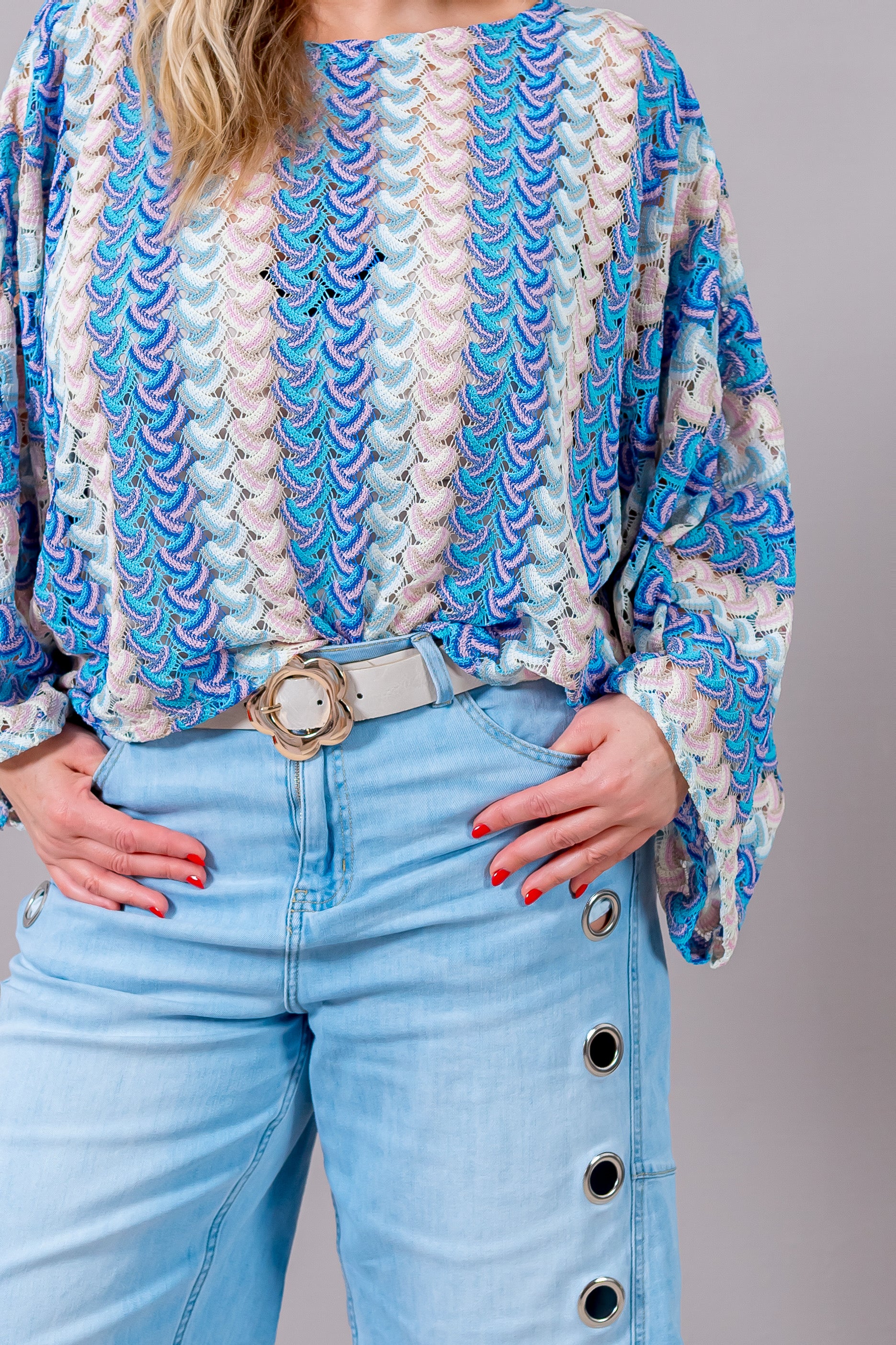 Oversized Strick-Shirt mit Lochmuster, pastellfarben