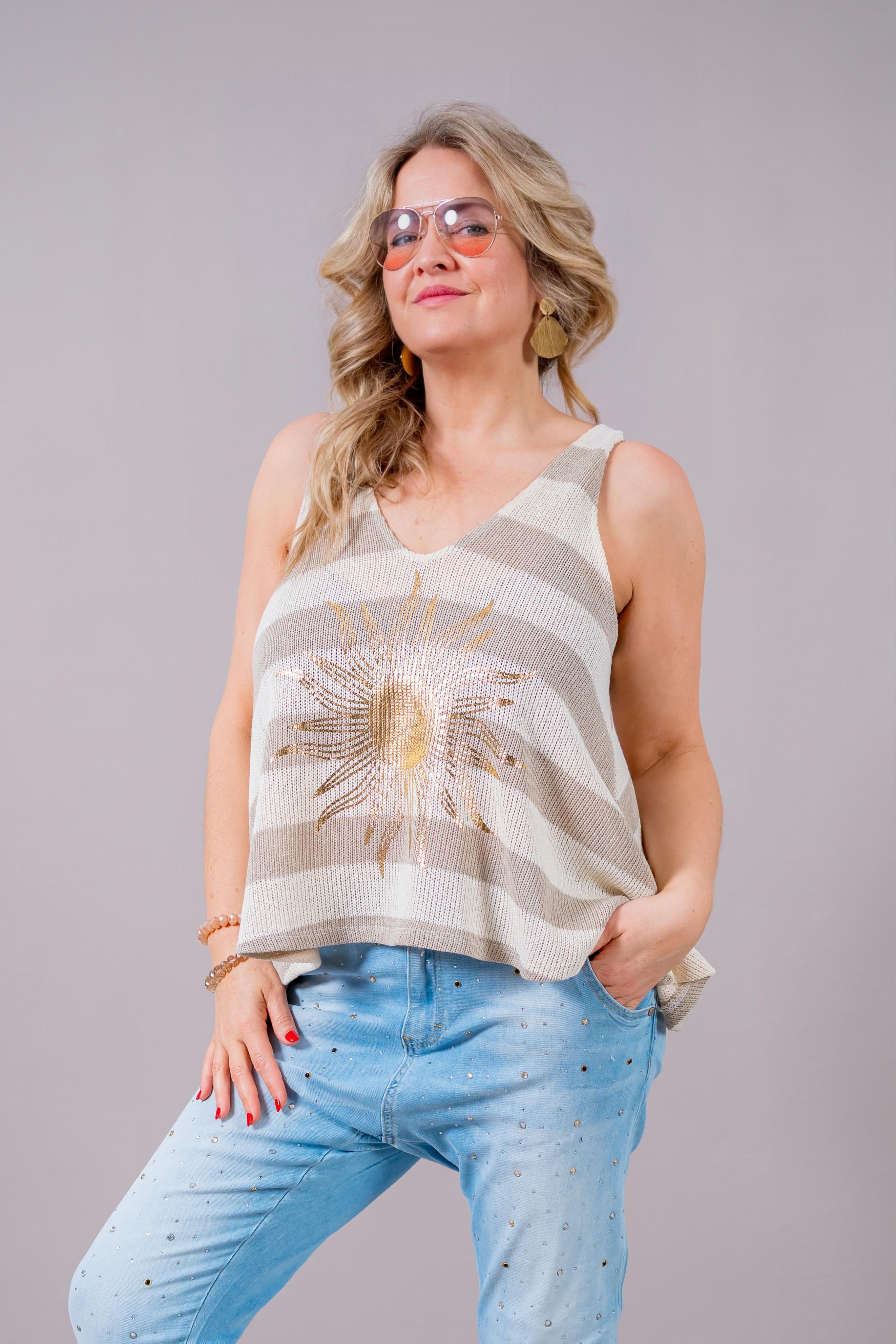 Stricktop gestreift, taupe/creme
