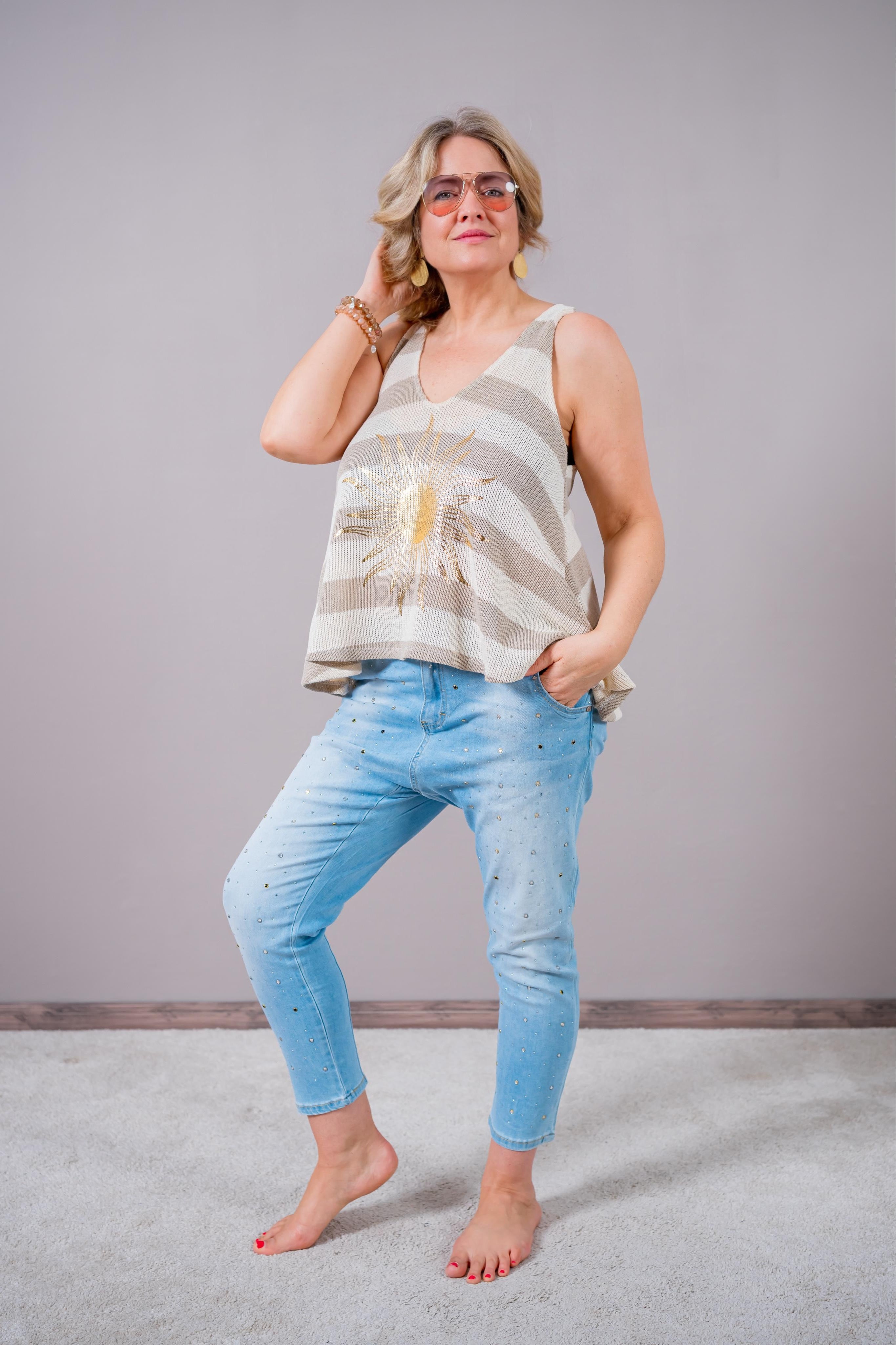 Stricktop gestreift, taupe/creme