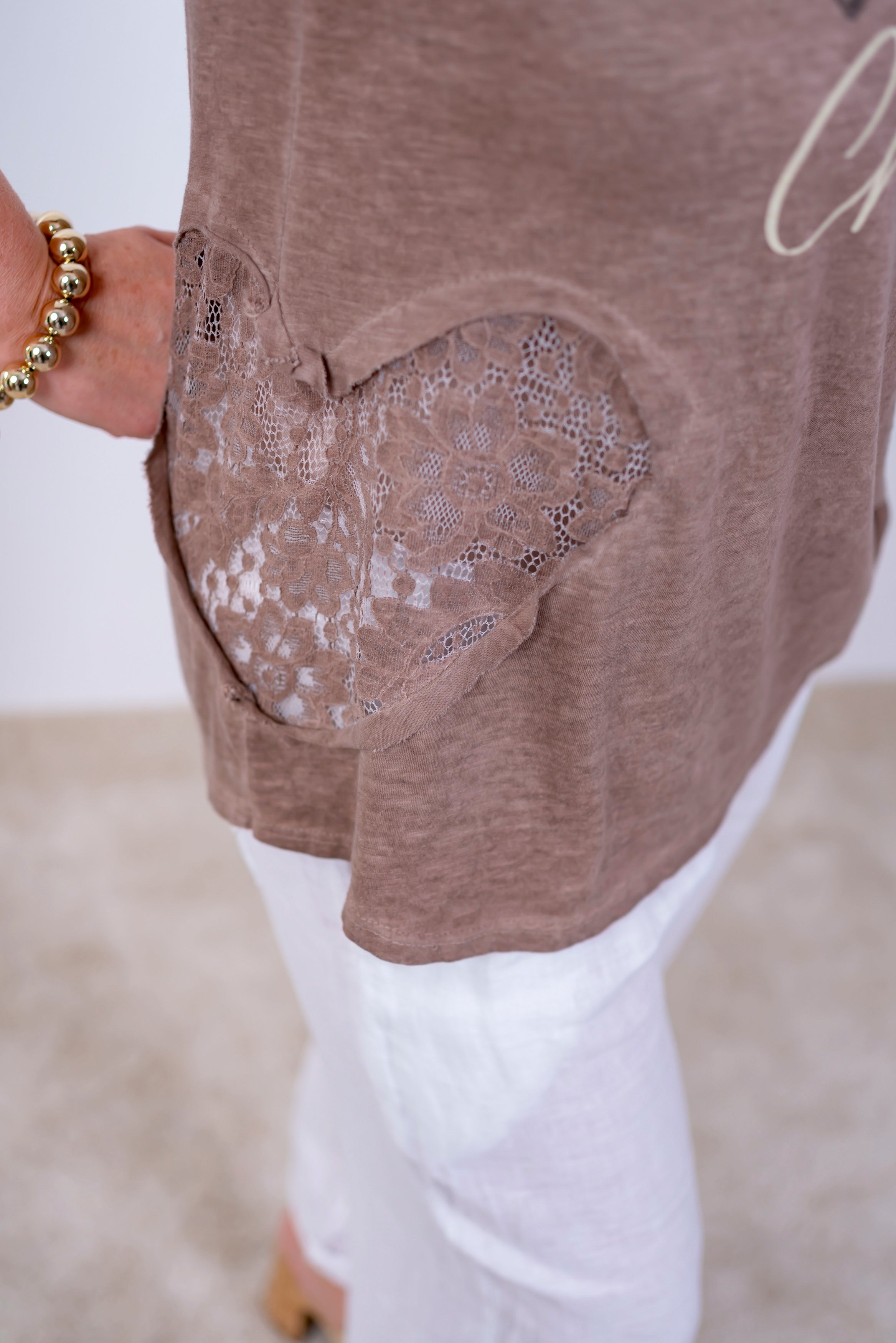 Top mit Print & Spitze, braun