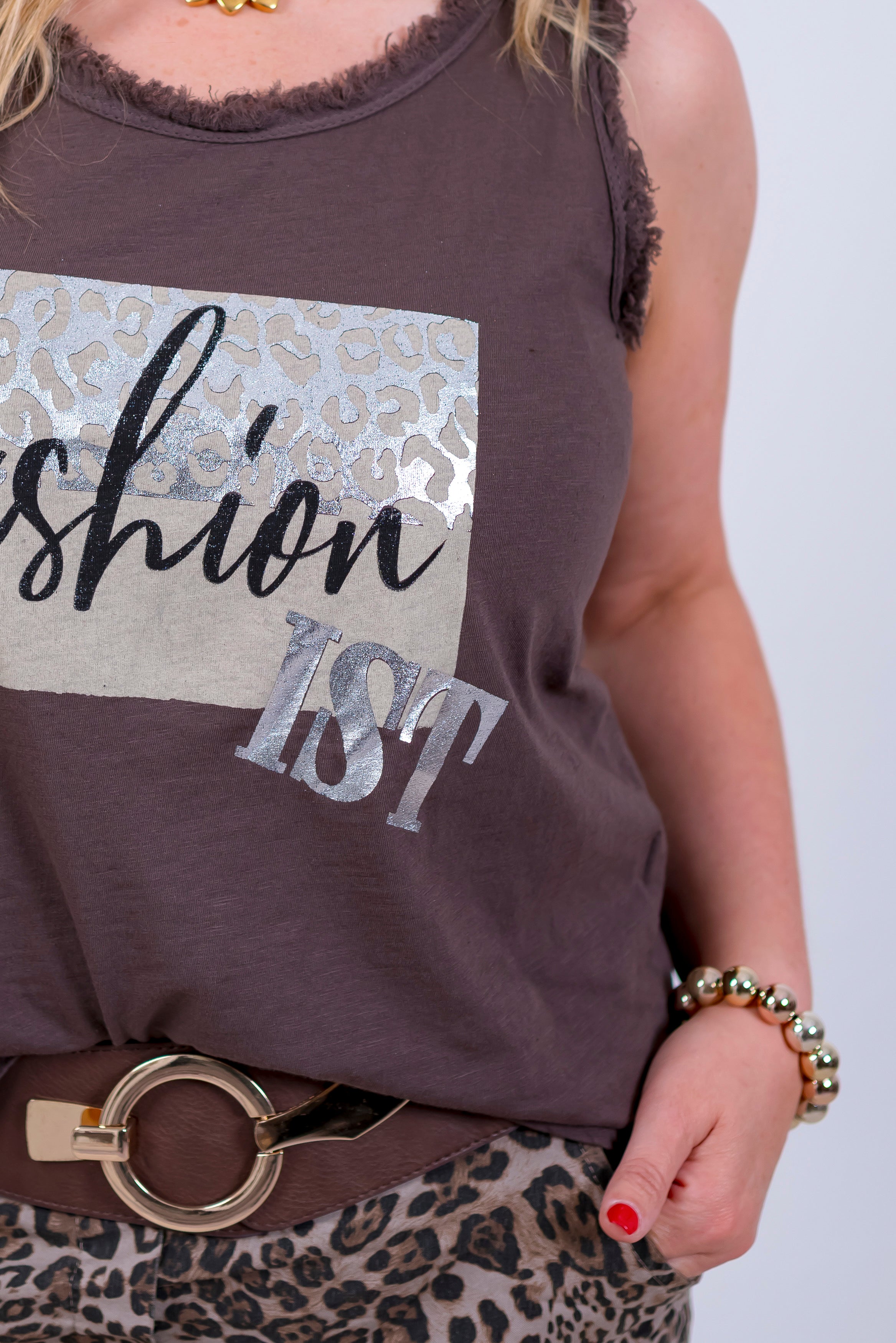 Top mit Metallicprint, schokobraun