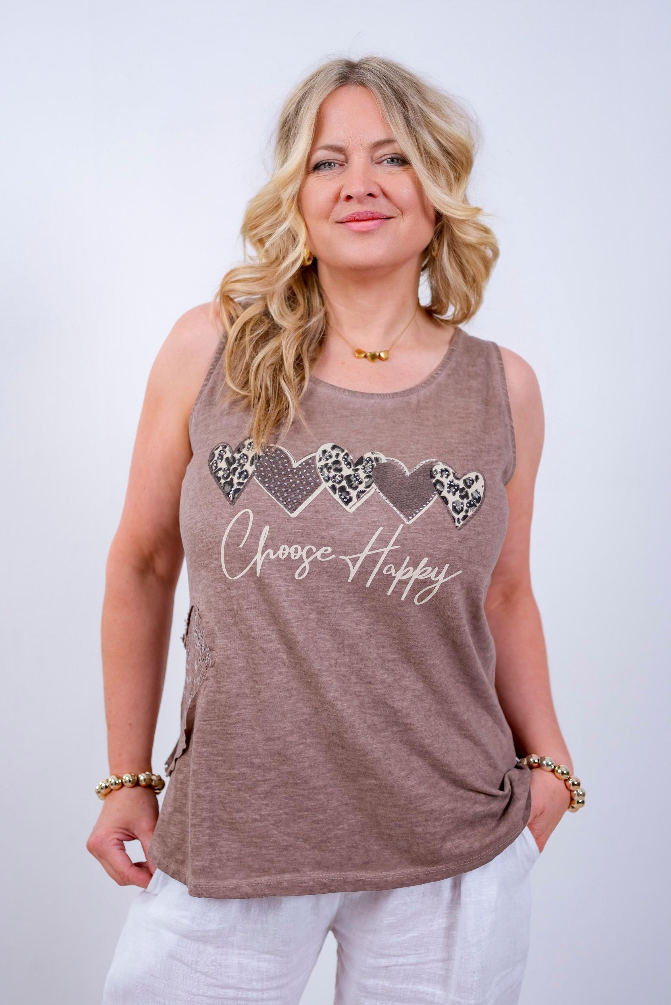 Top mit Print & Spitze, braun