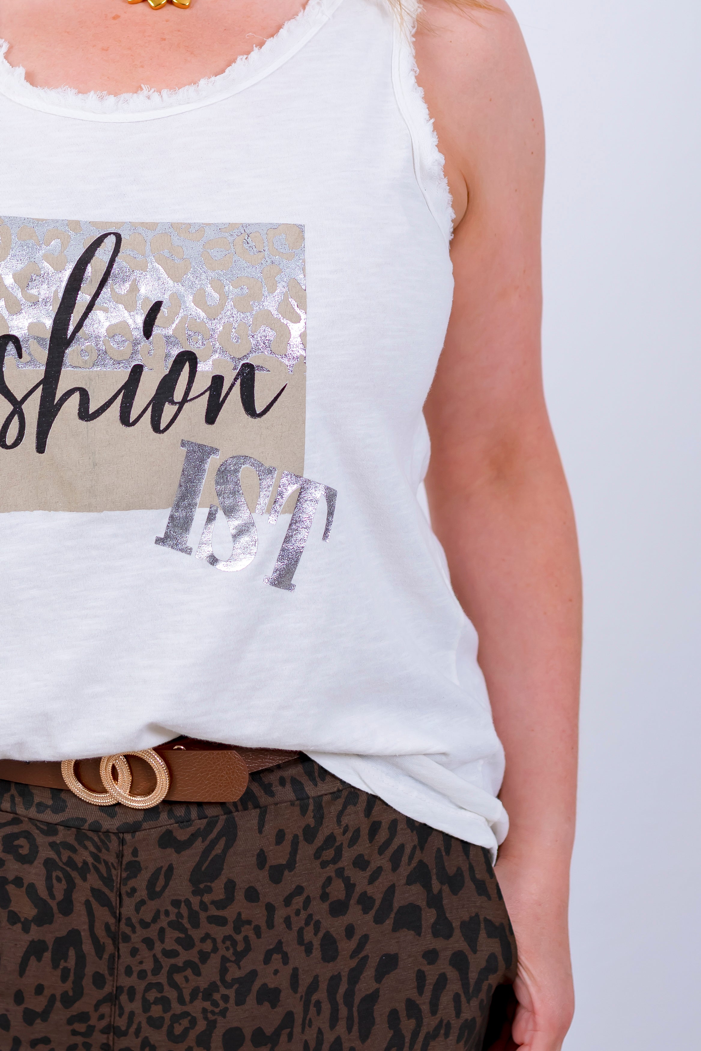 Top mit Metallicprint, ecru