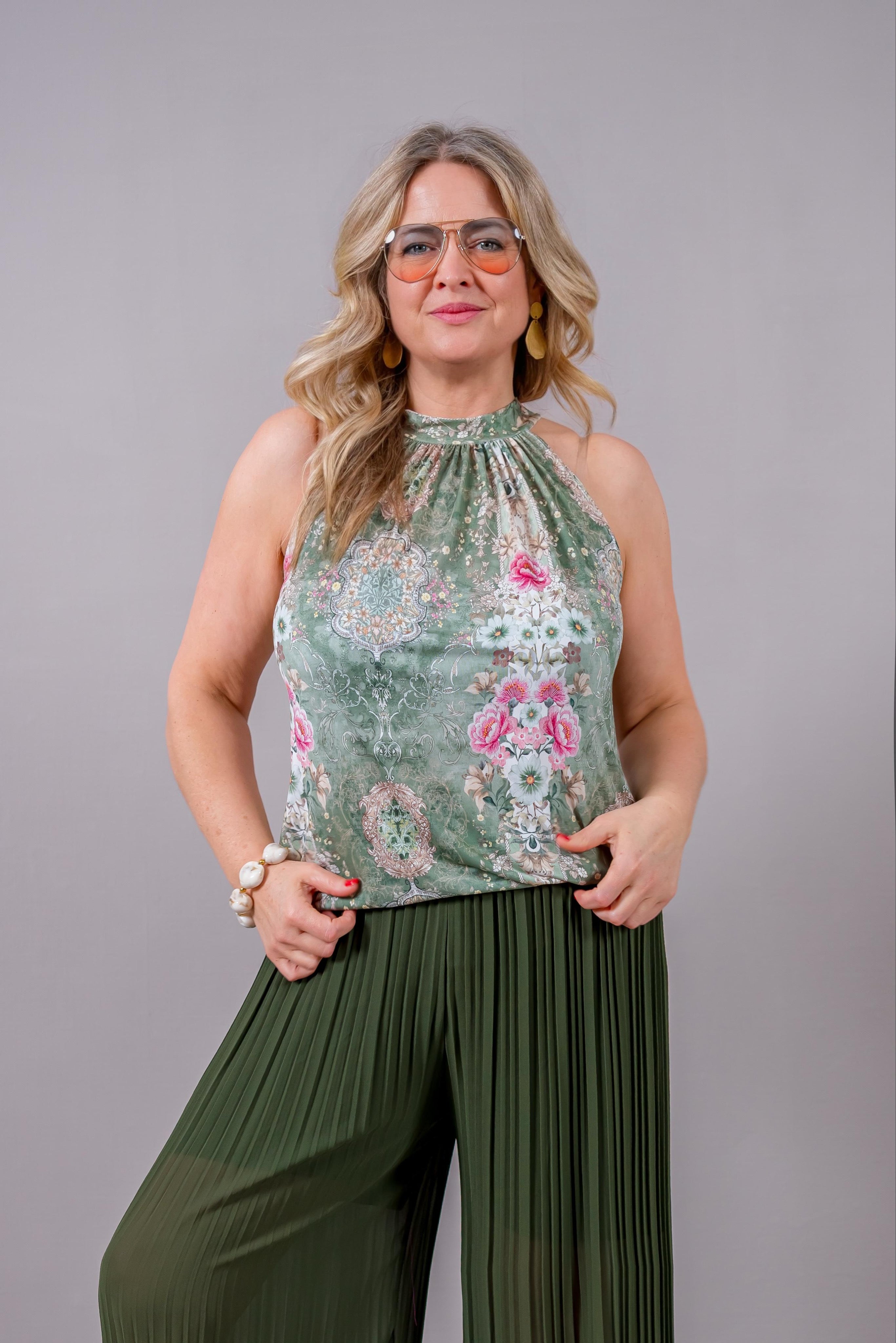 Neckholder-Top mit floralem Design, grün/rosa