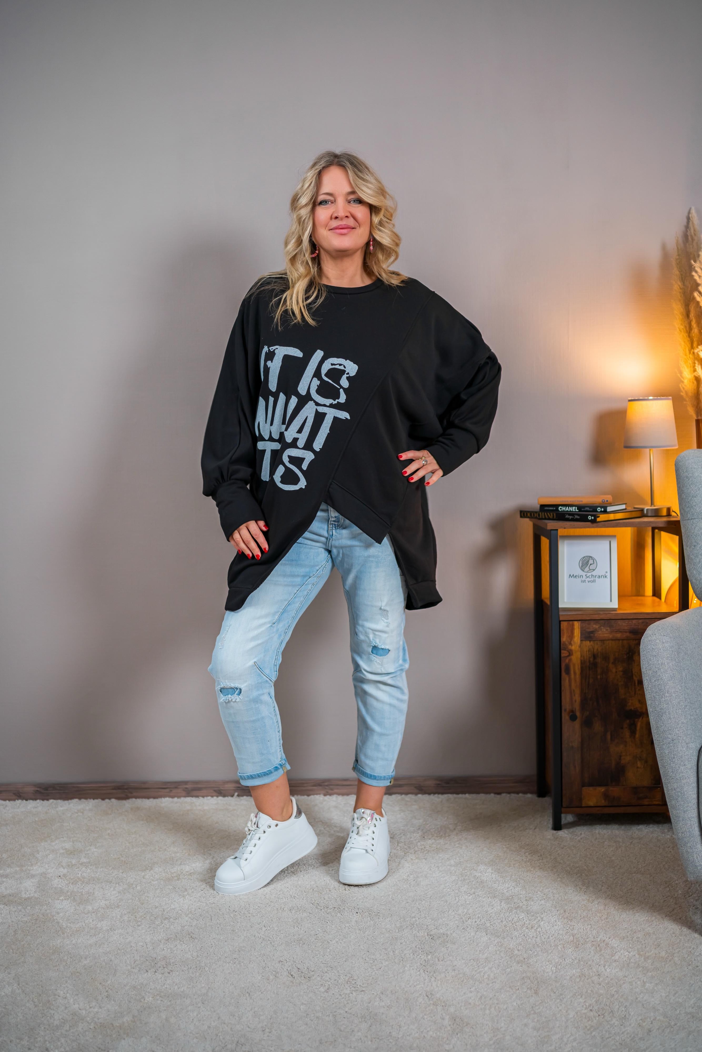 Oversize Sweat-Pullover mit Print, schwarz