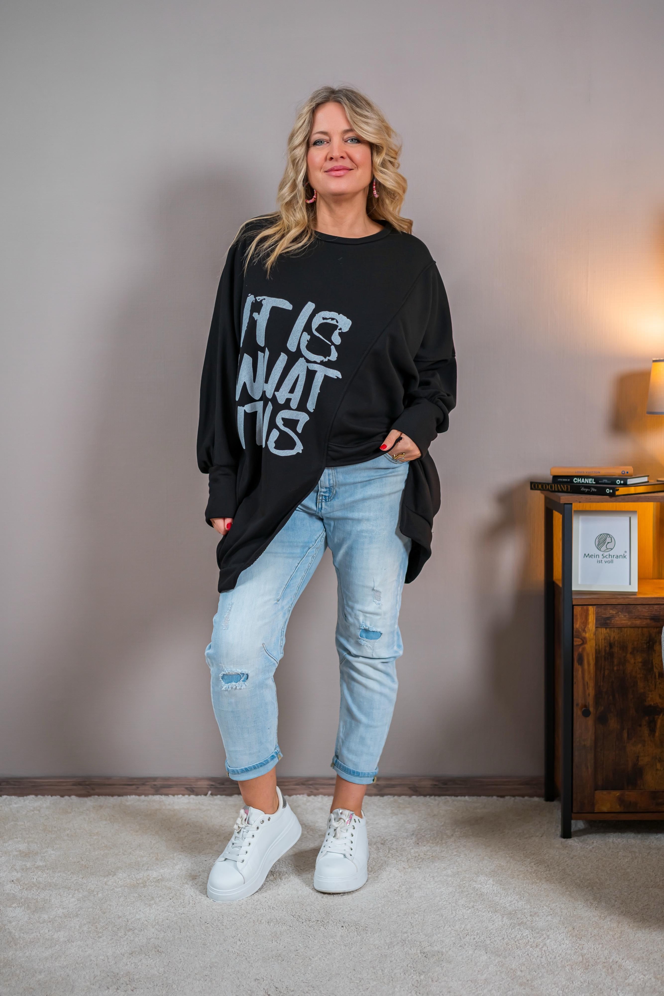 Oversize Sweat-Pullover mit Print, schwarz