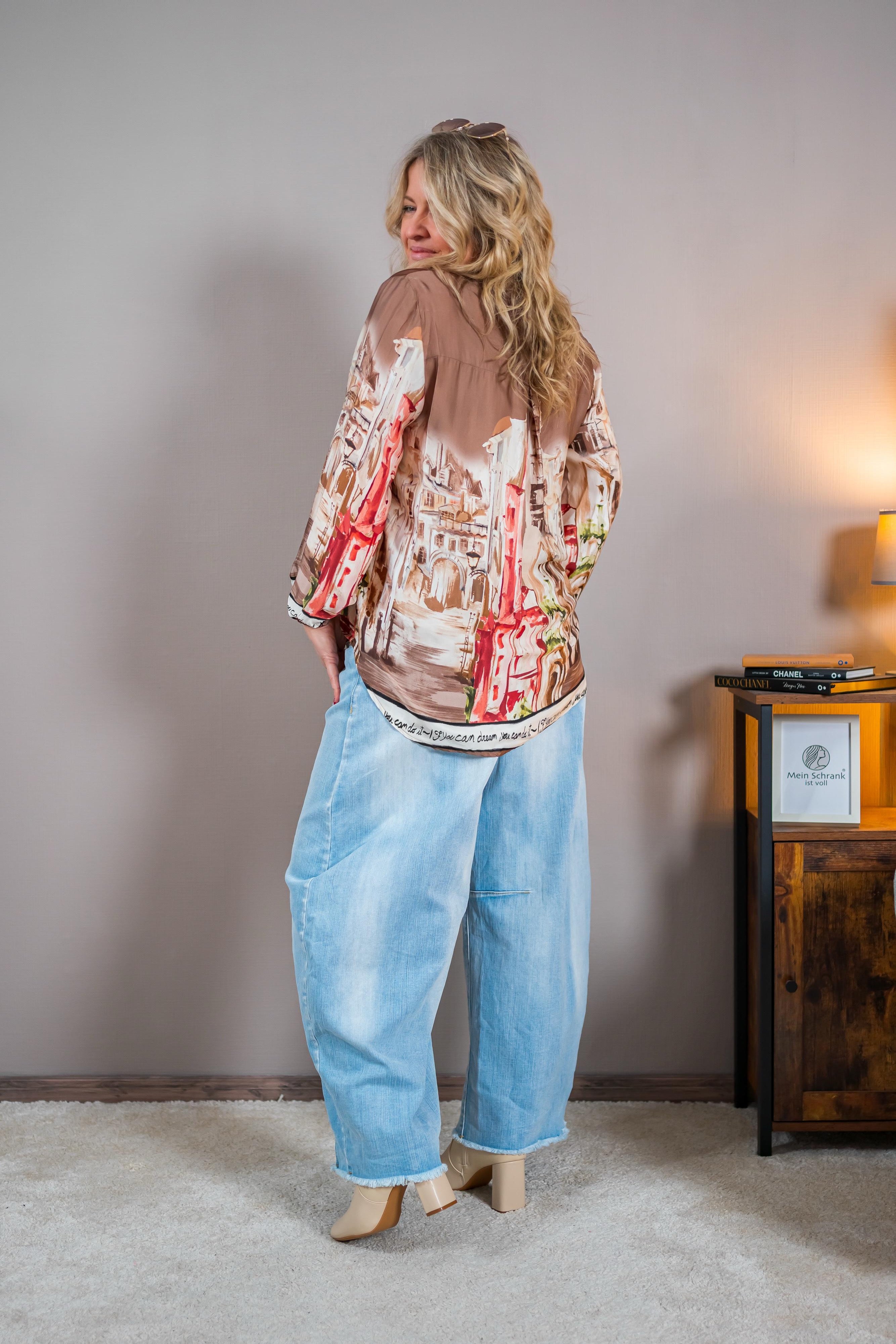 Viskosebluse mit City-Print, beige