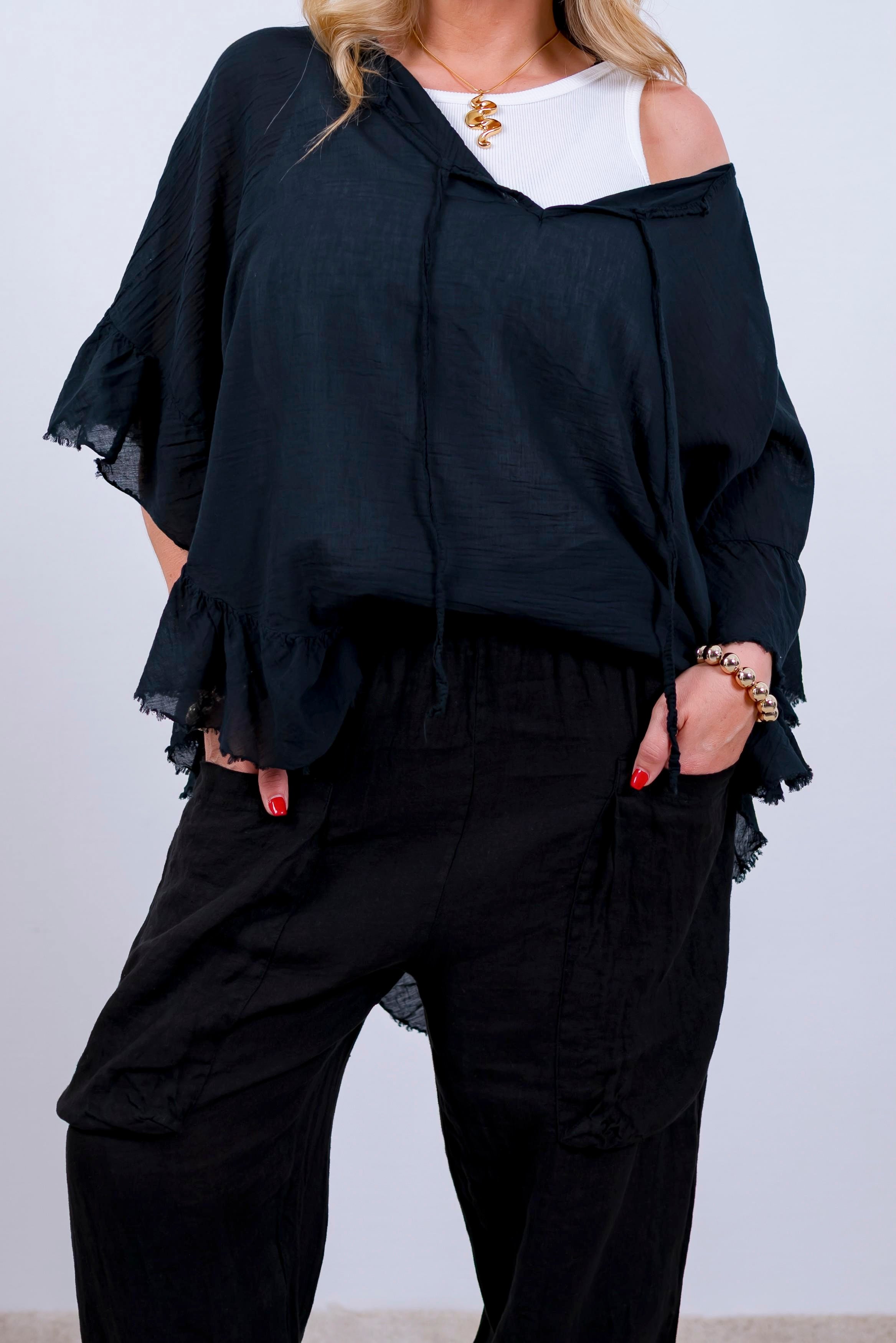 Volant-Bluse mit ausgefransten Saum, schwarz