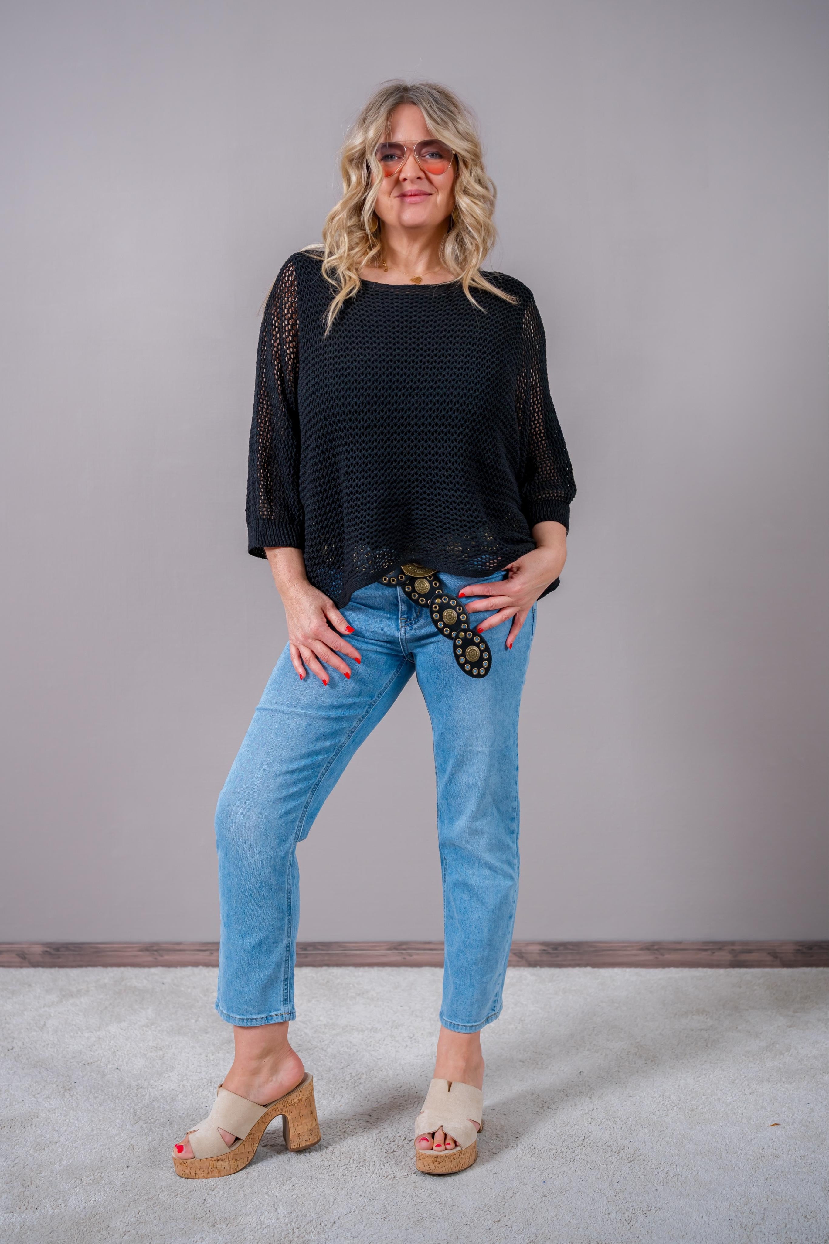 Lochstrick-Pullover mit elegantem Raffband, schwarz