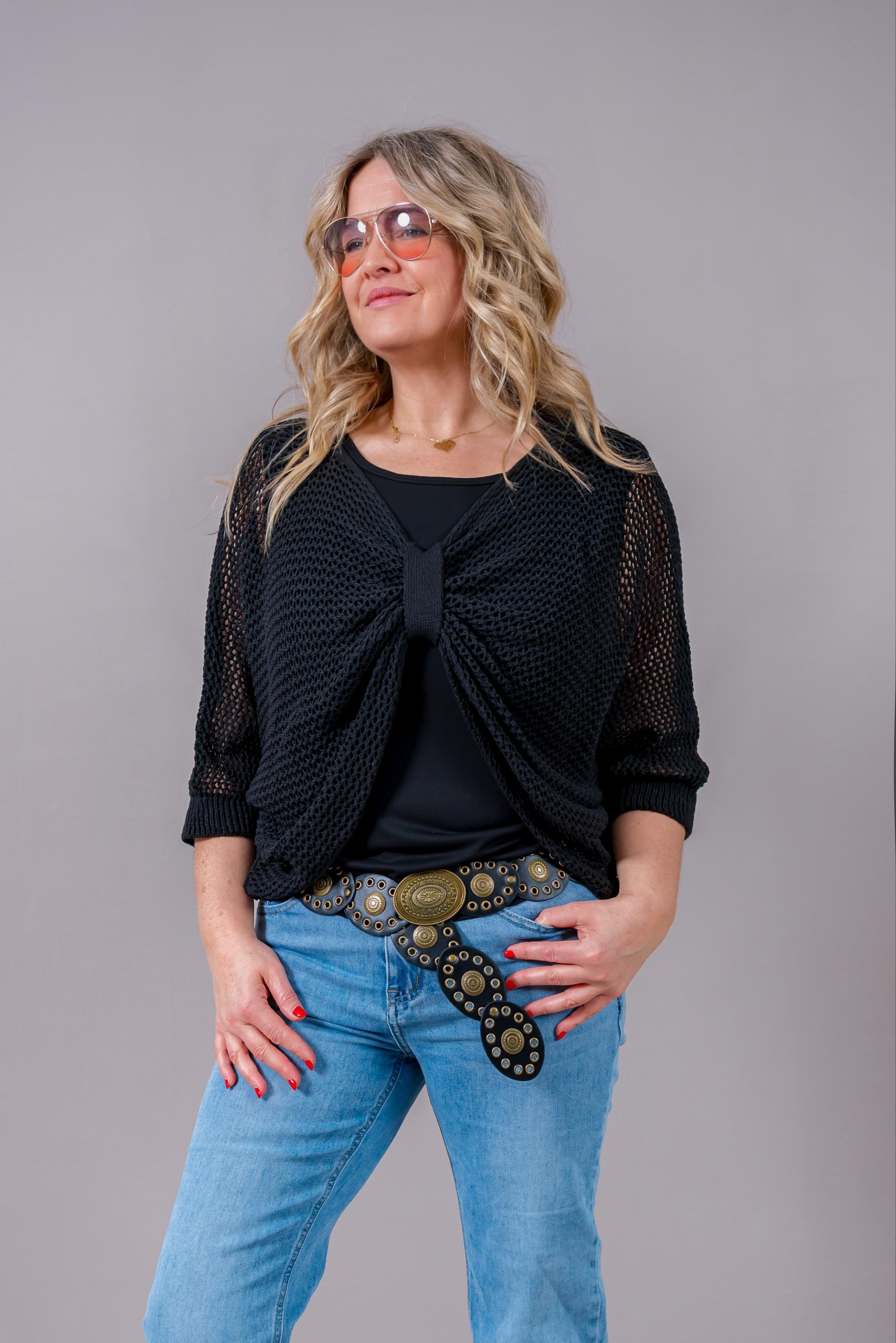 Lochstrick-Pullover mit elegantem Raffband, schwarz