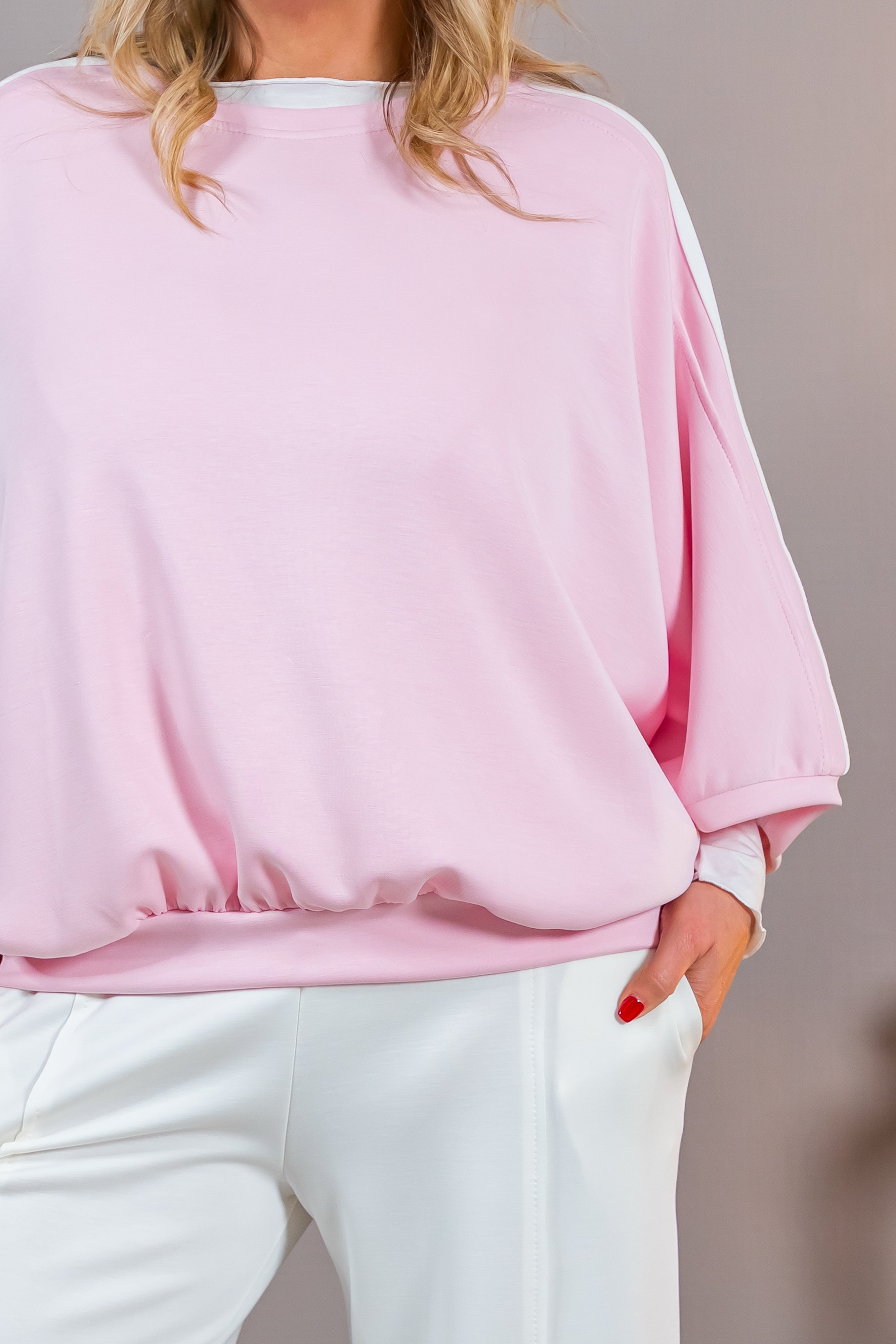 Sweatshirt mit Fledermausärmeln und Streifen-Detail, rosa