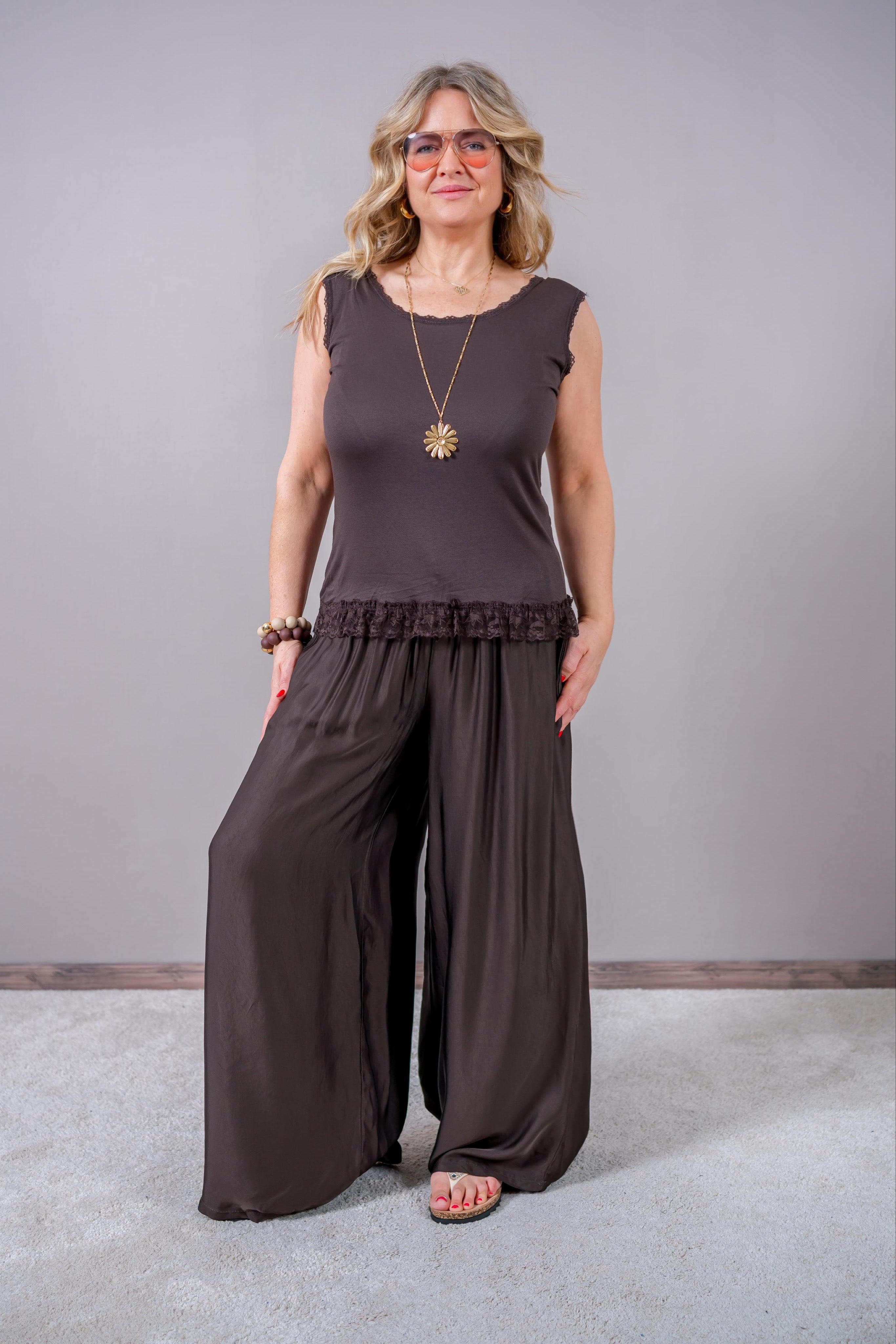 Basic-Top mit Spitze, schokobraun