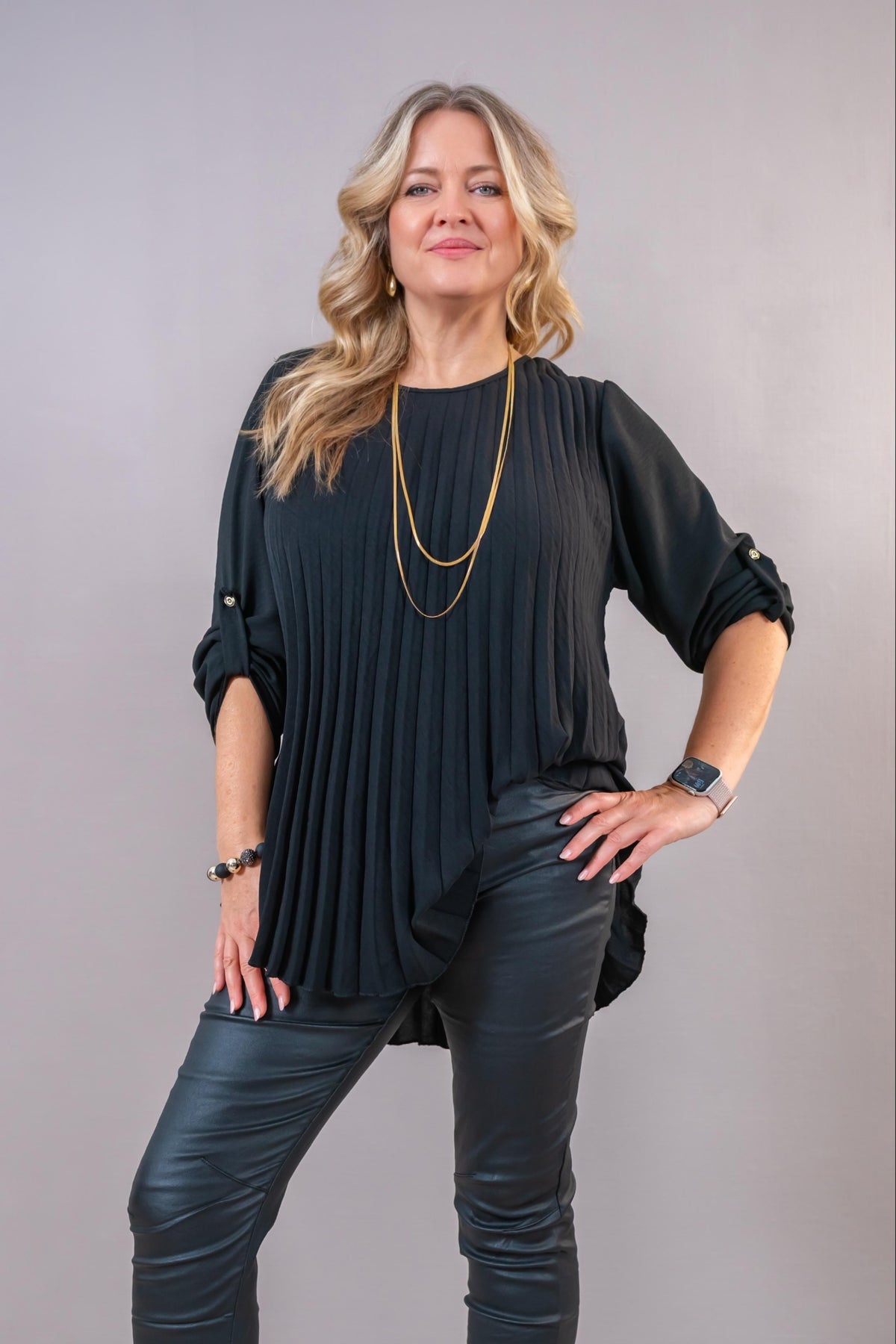 Plissee-Bluse, schwarz