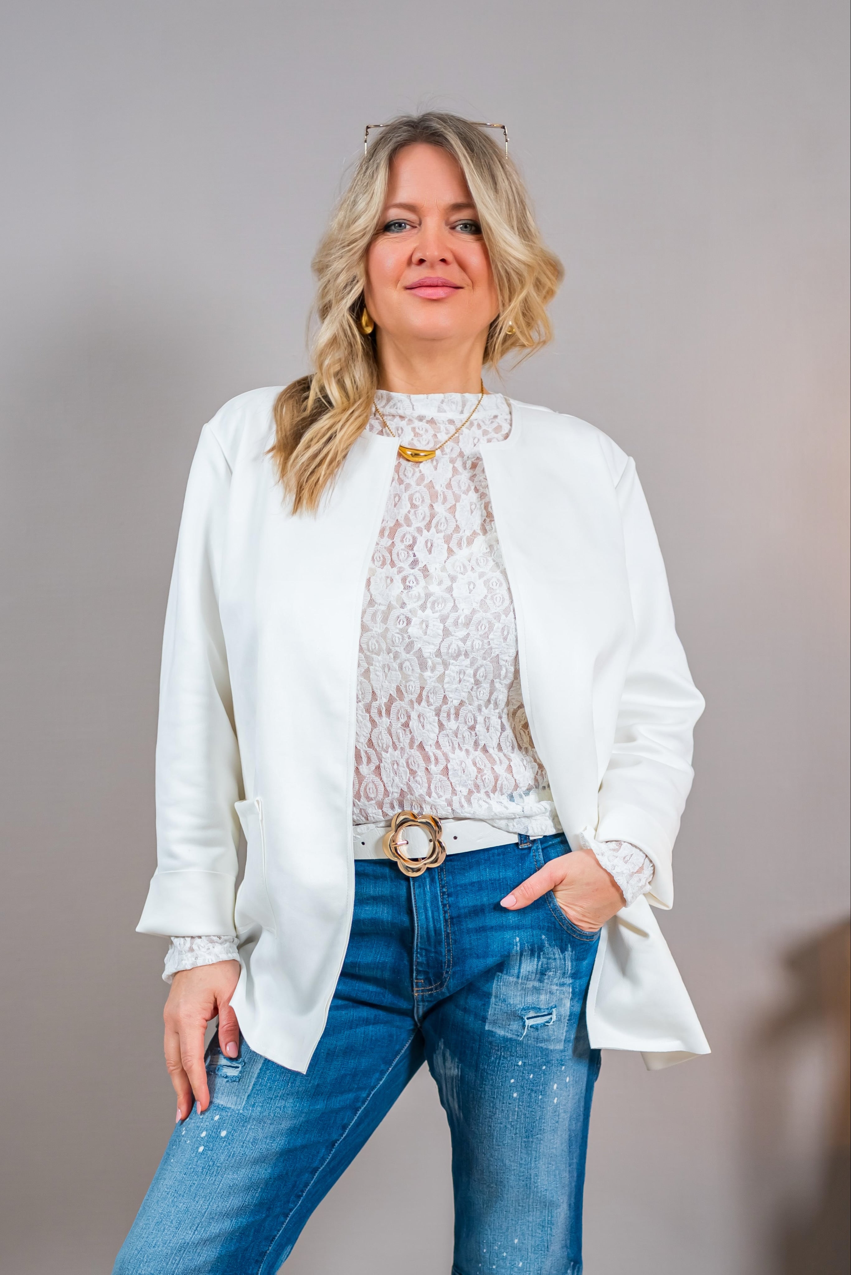 Offene Jacke in Velourslederoptik, off-white