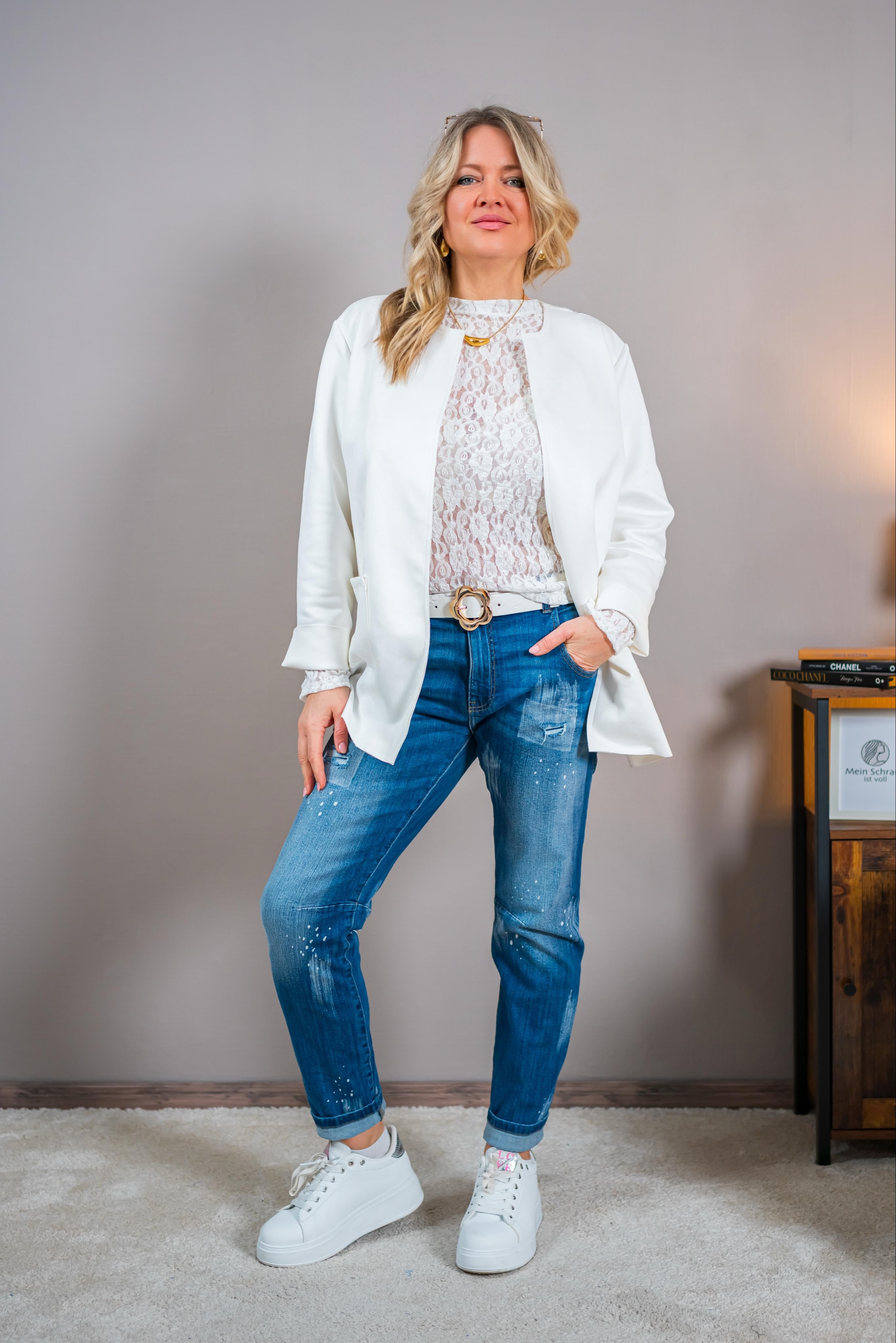 Offene Jacke in Velourslederoptik, off-white