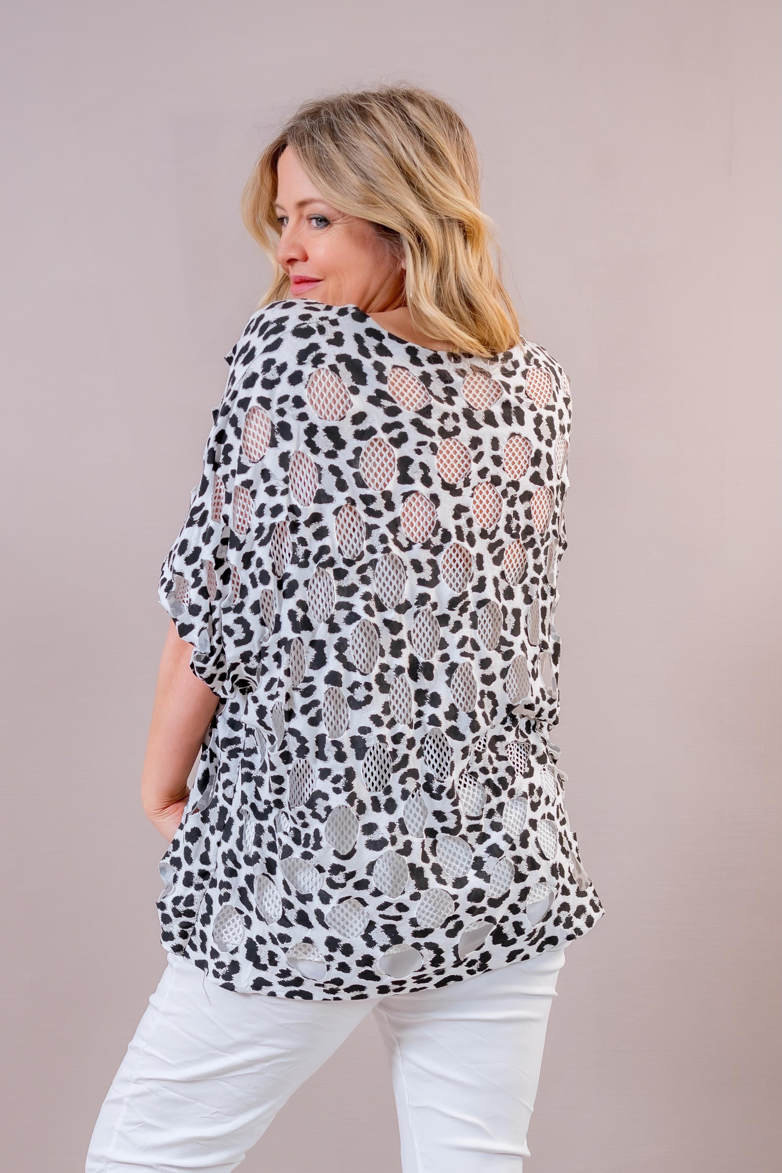 Oversize Bluse Leoprint mit Netz-Einsätzen, schwarz/weiß
