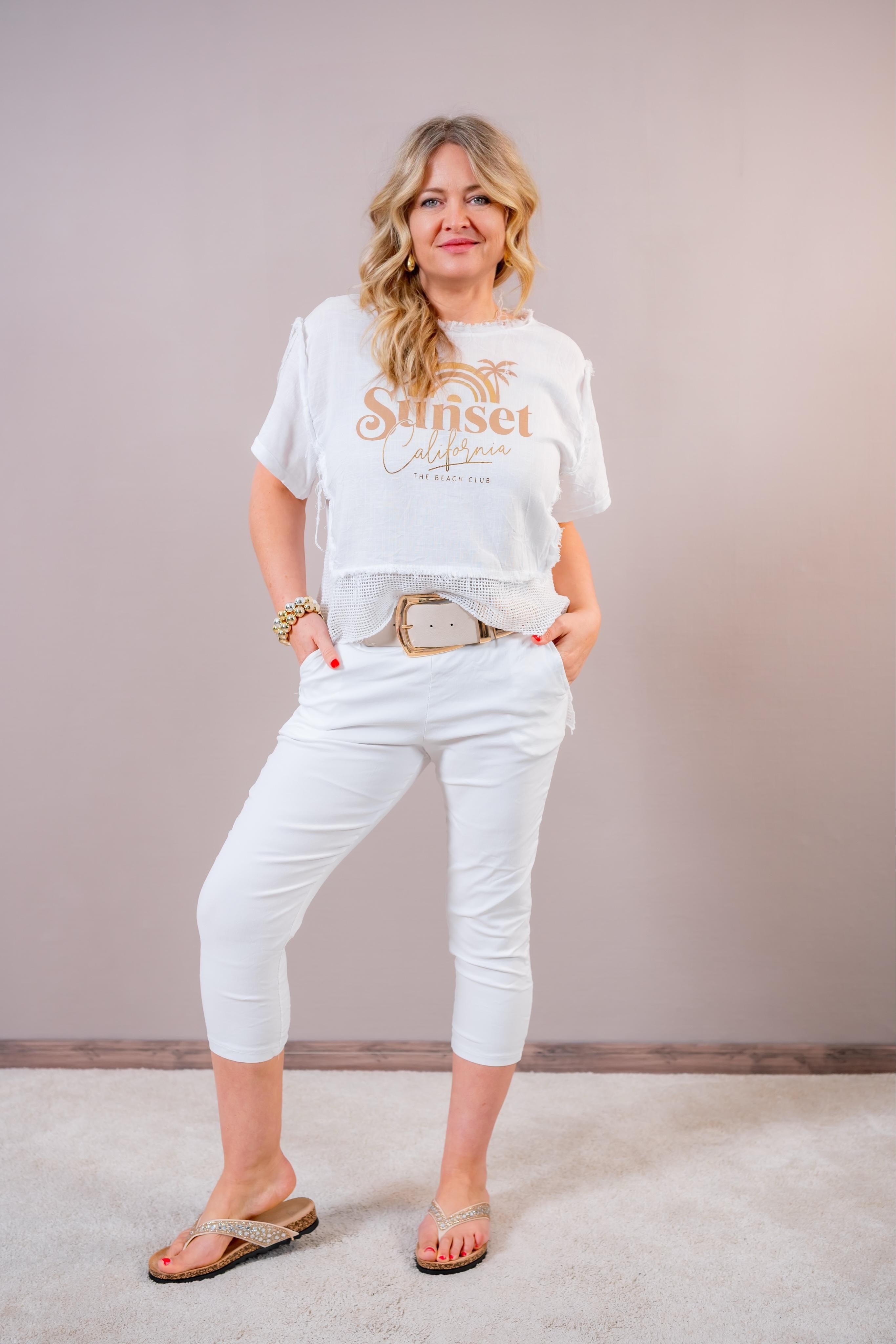 T-Shirt mit Netz-Details und Print, weiß/gold