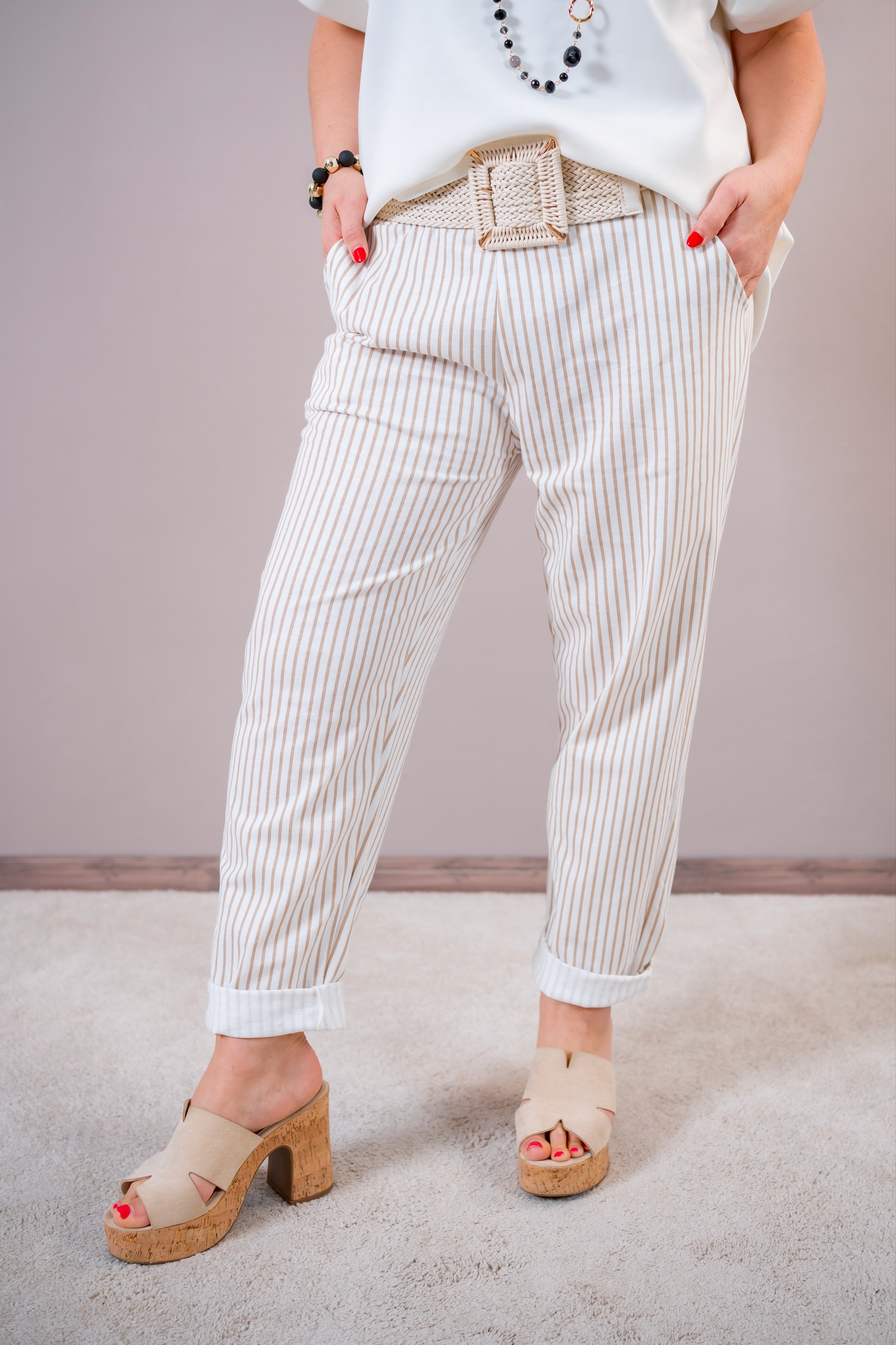 Leichte gestreifte Hose, weiß/beige