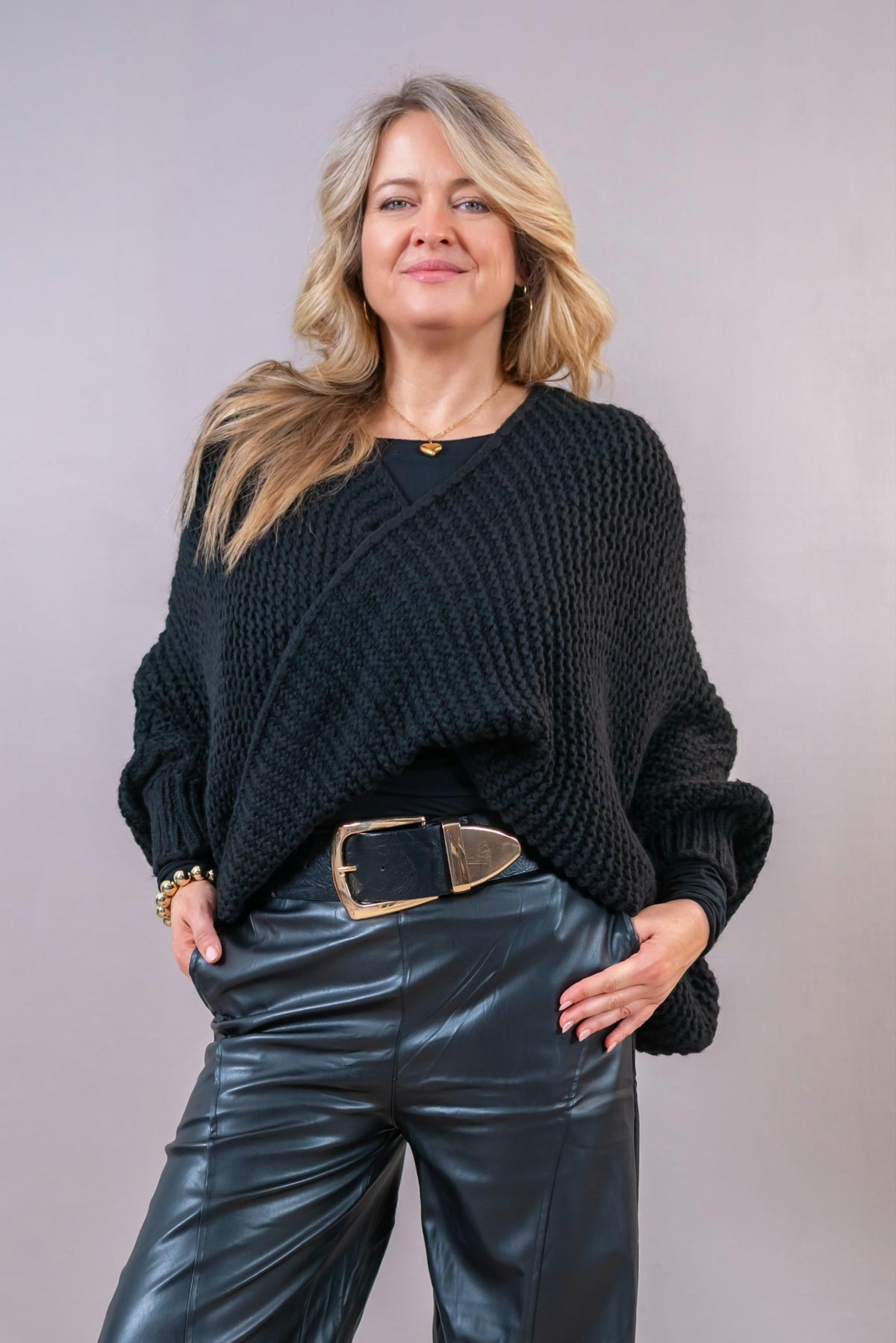 Oversize Wickel-Strickpullover, schwarz
