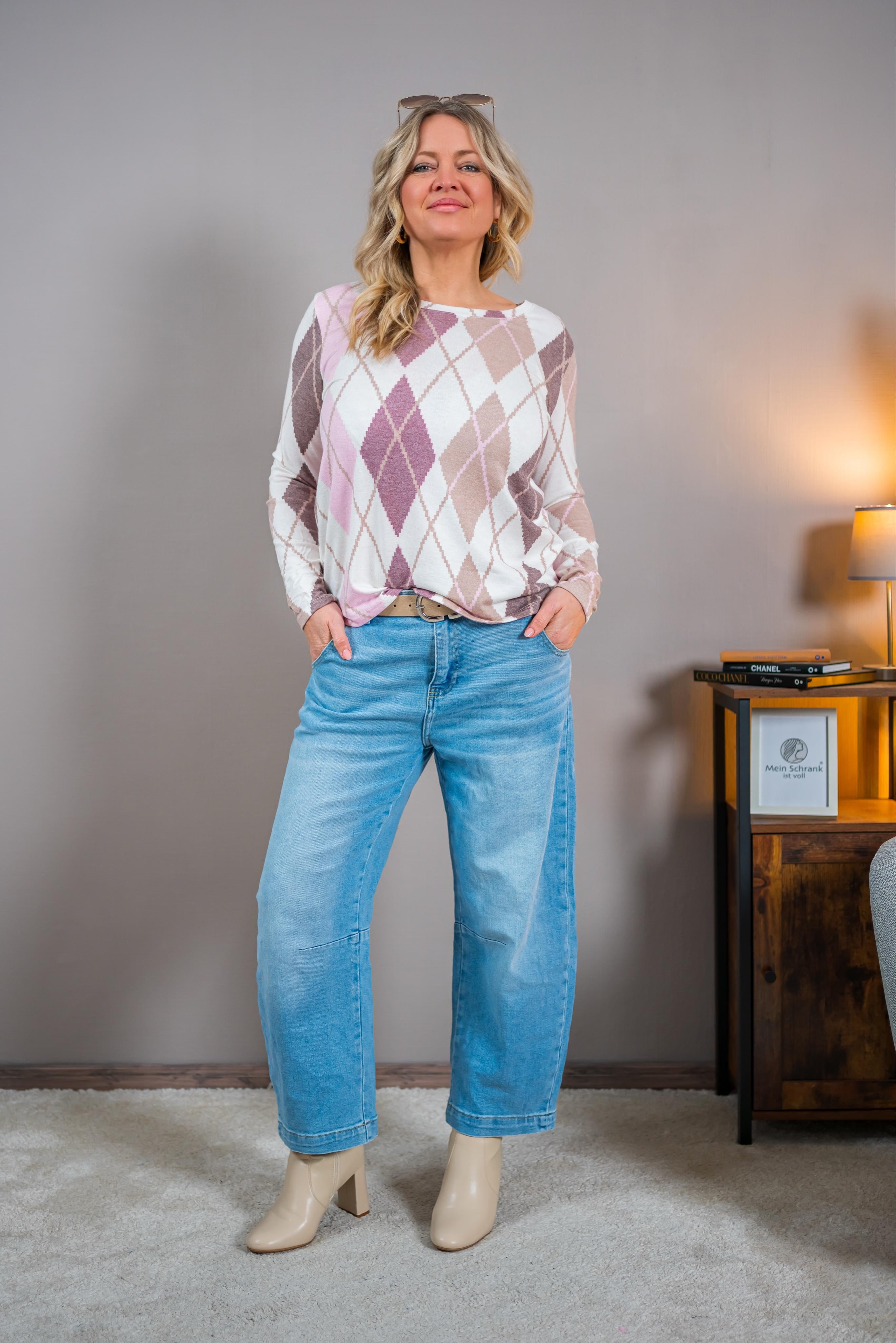 Longsleeve mit Rautenmuster, creme/taupe/lila/rosa