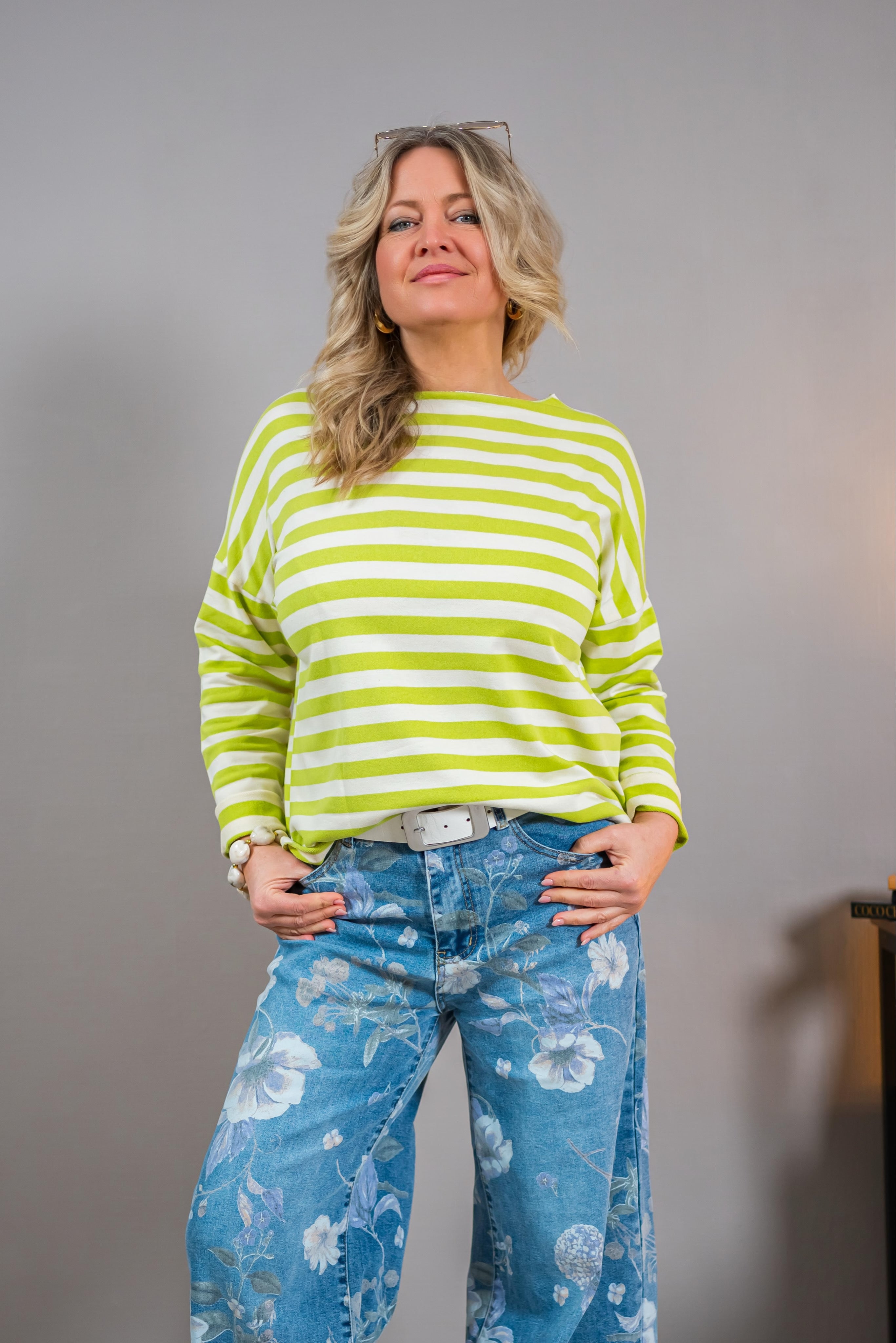 Longsleeve mit Streifenmuster, grün/creme