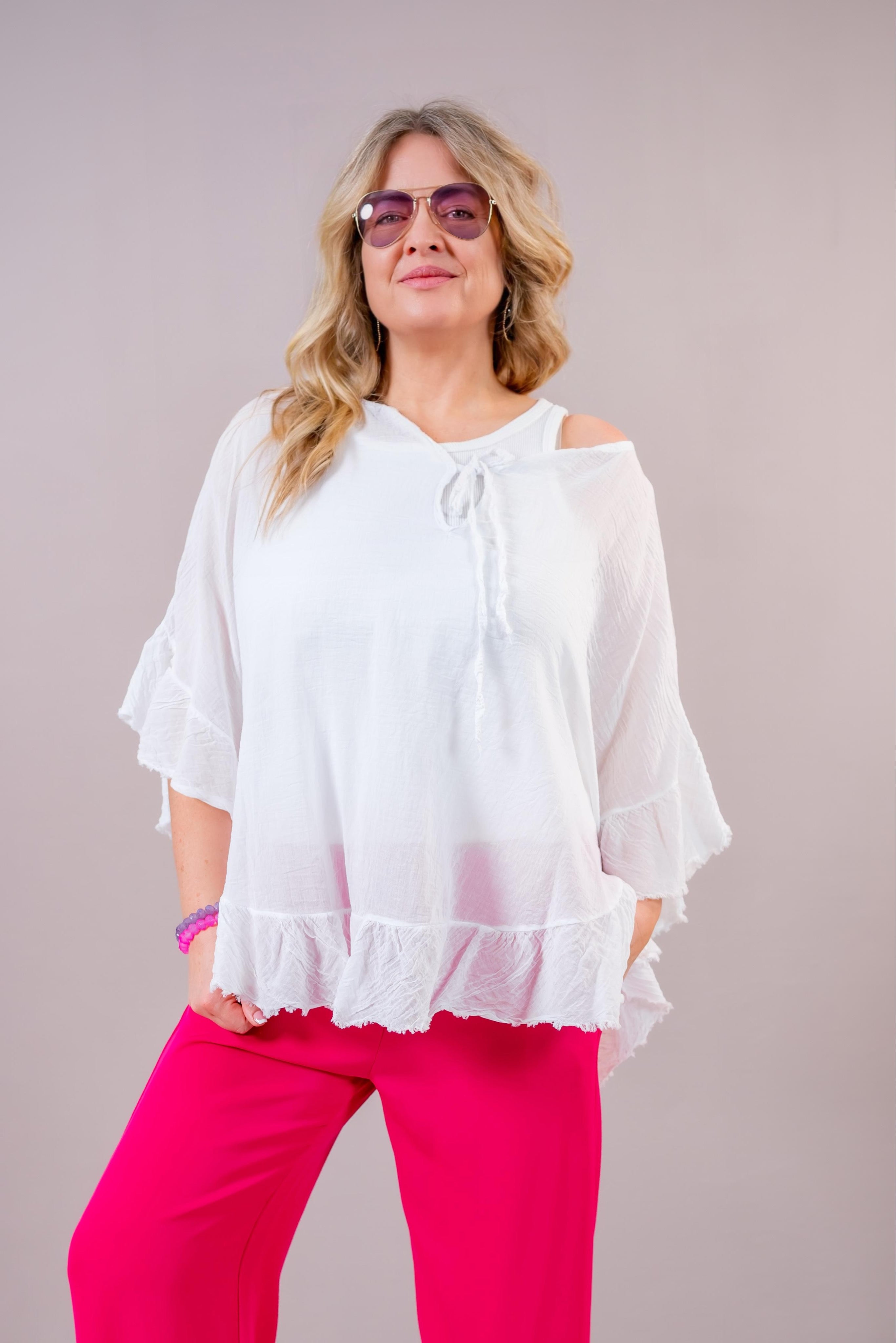 Volant-Bluse mit ausgefransten Saum, weiß
