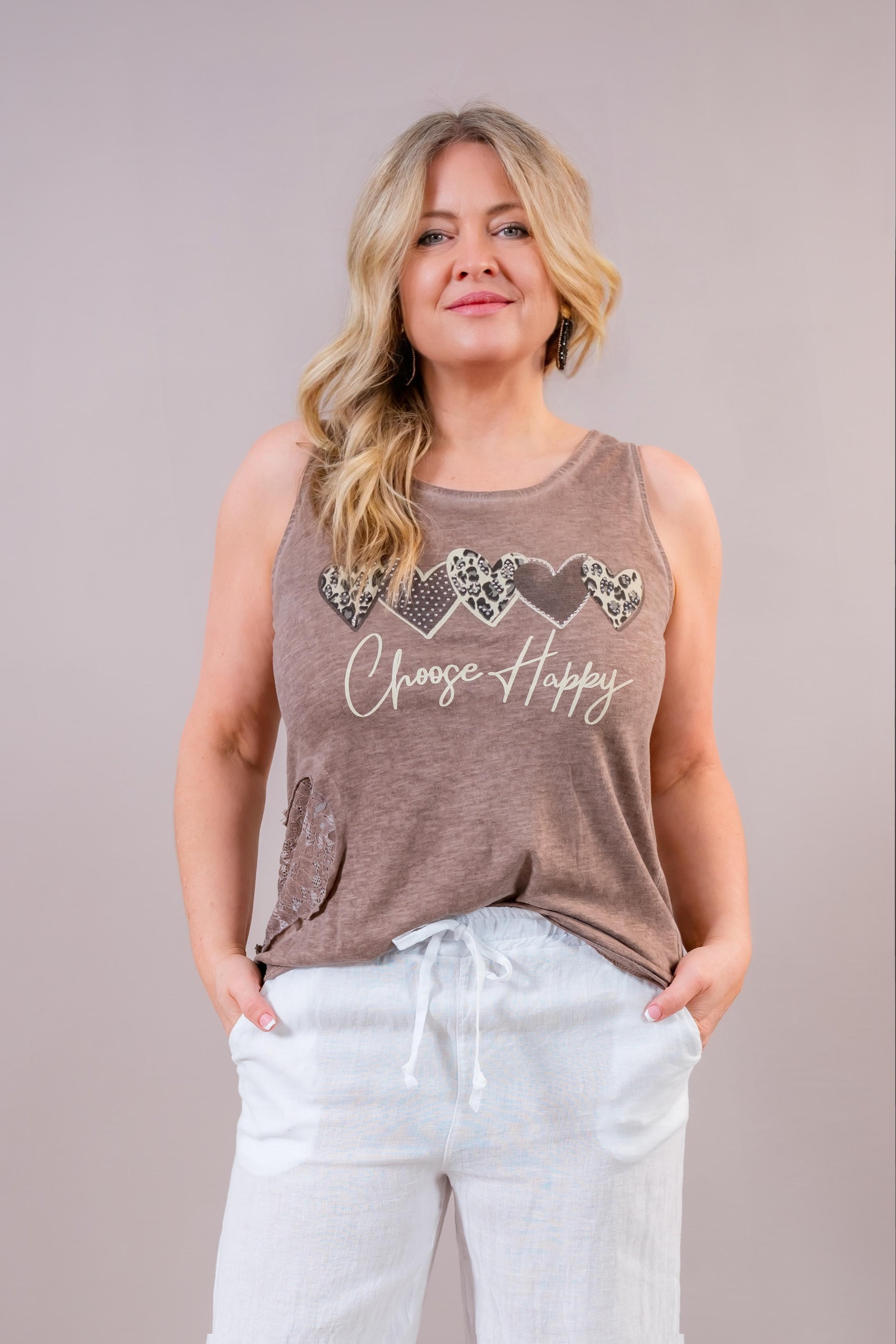 Top mit Print & Spitze, mocca