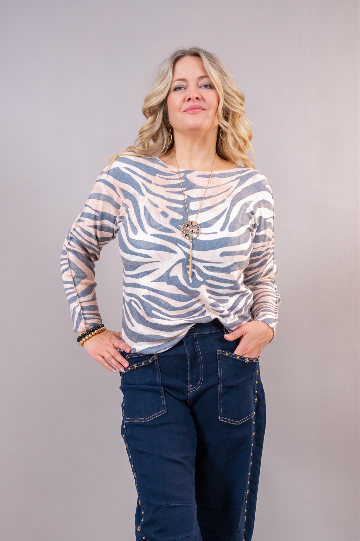Strickpullover mit Muster, creme/grau/camel