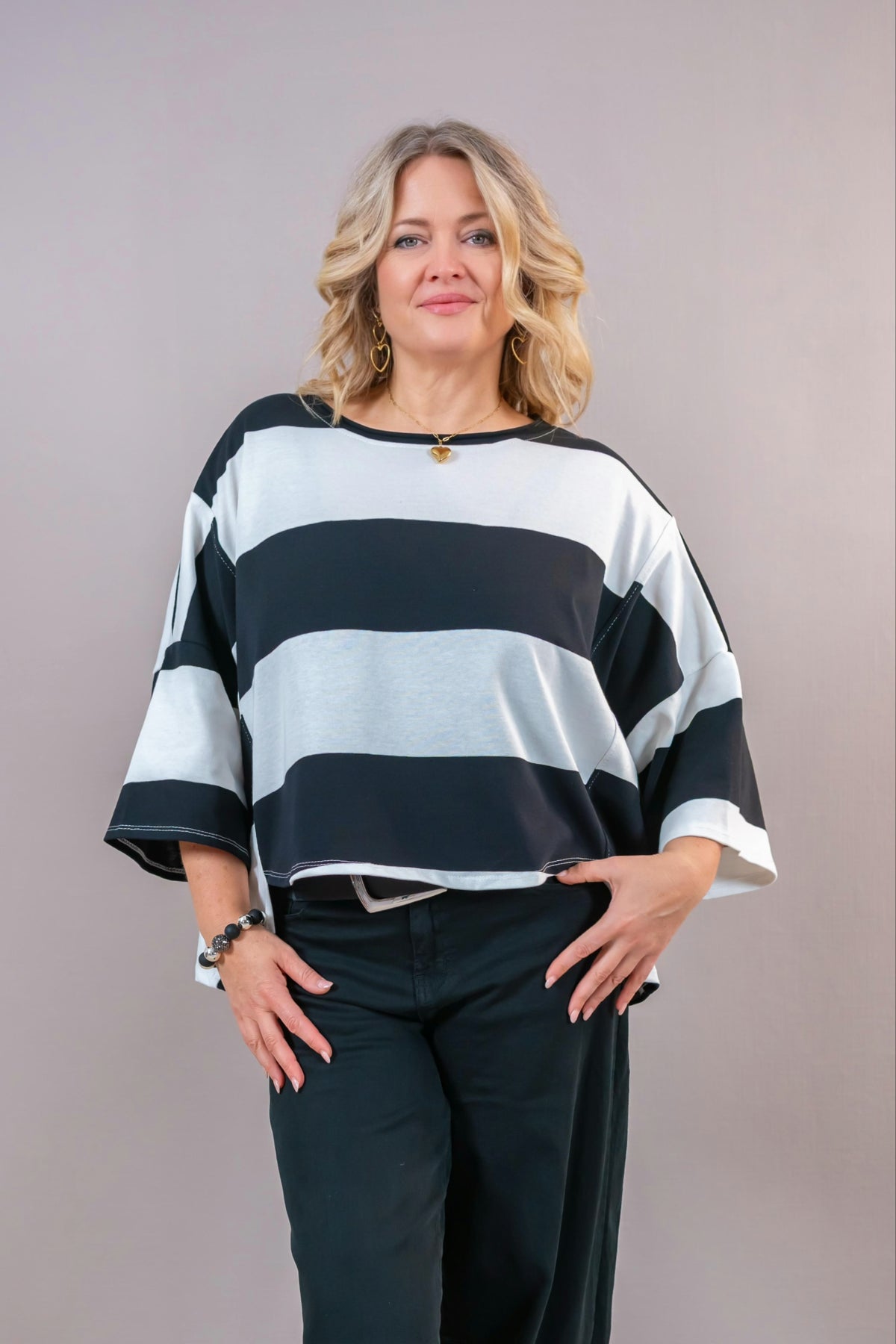 Oversize-Sweatshirt mit Blockstreifen, schwarz/weiß