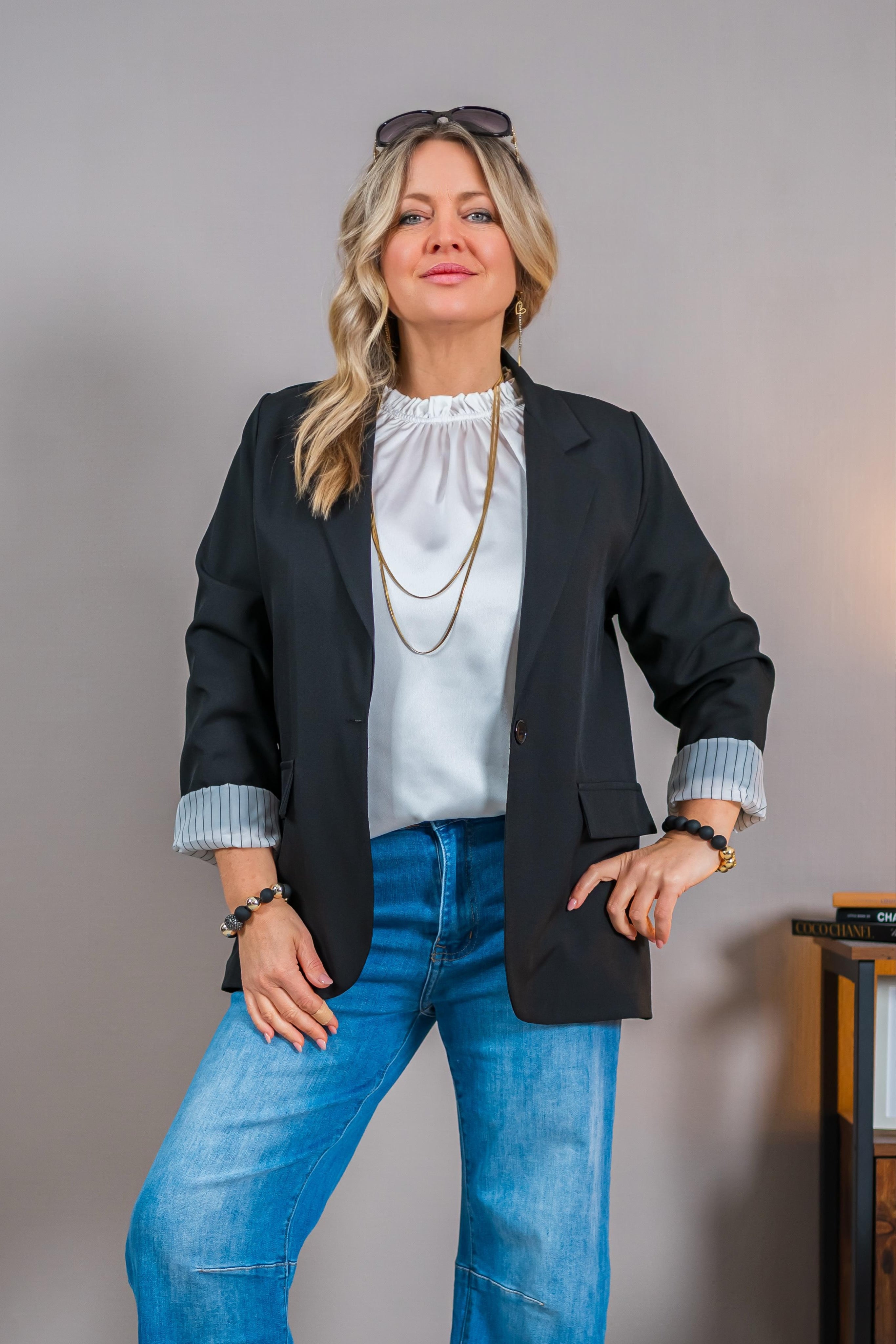 Fashion-Blazer mit Streifenfutter, schwarz