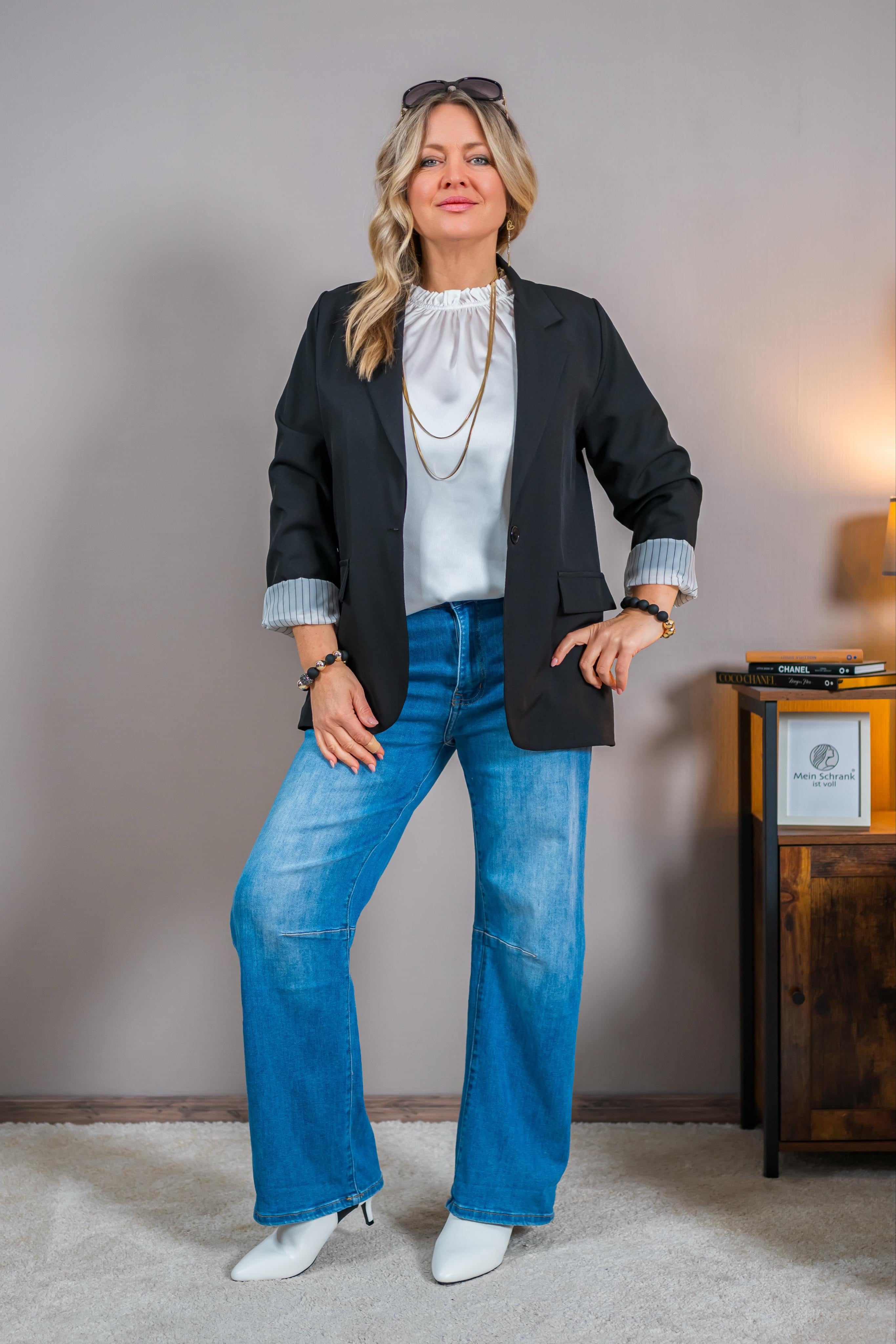 Fashion-Blazer mit Streifenfutter, schwarz